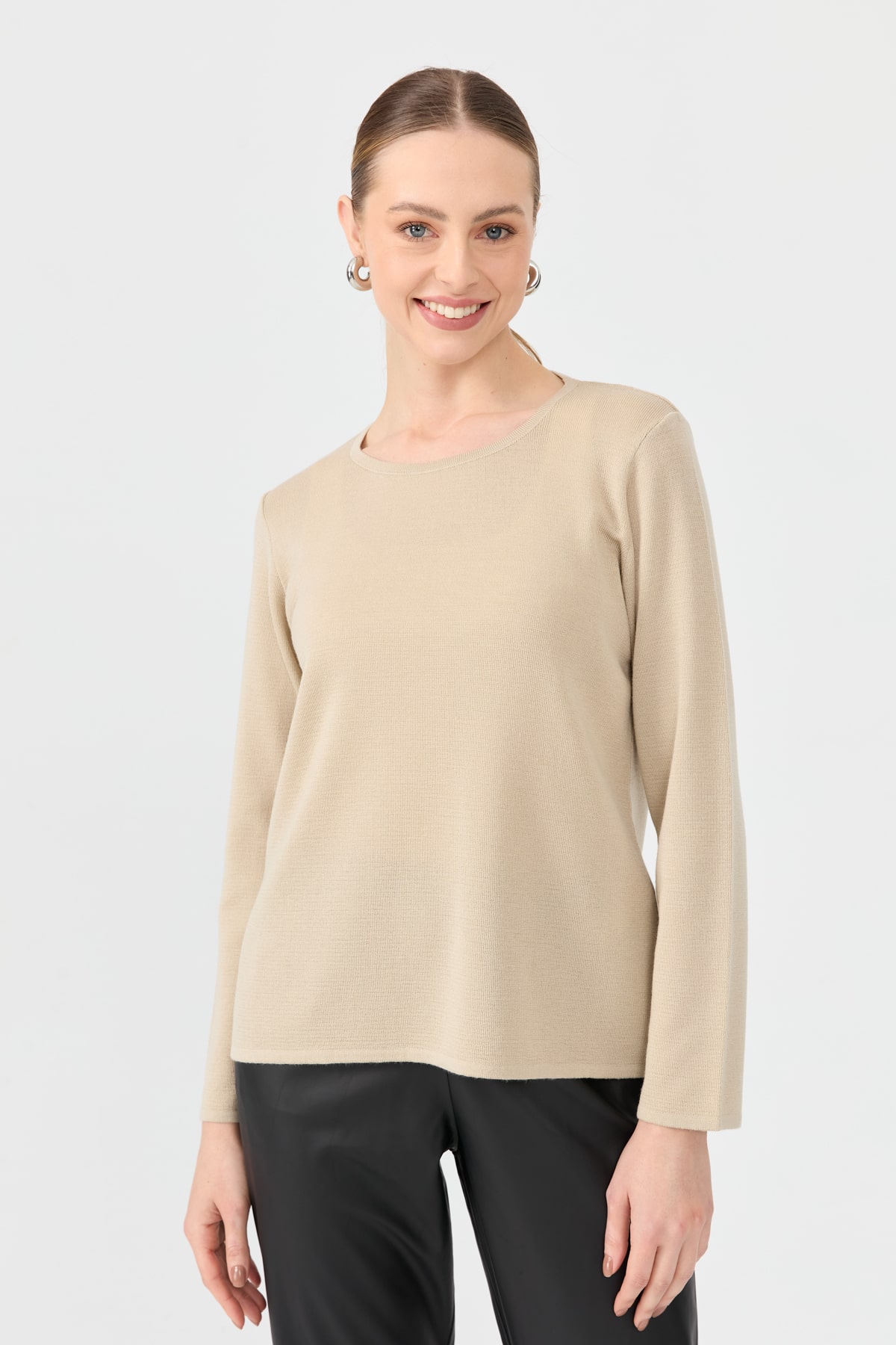 24113Kadın Sıfır Yaka Uzun Kollu Basic Yün Bluz M.Bej