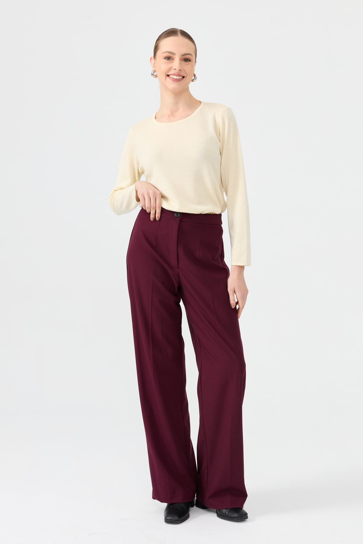 24113Kadın Sıfır Yaka Uzun Kollu Basic Yün Bluz Kemik