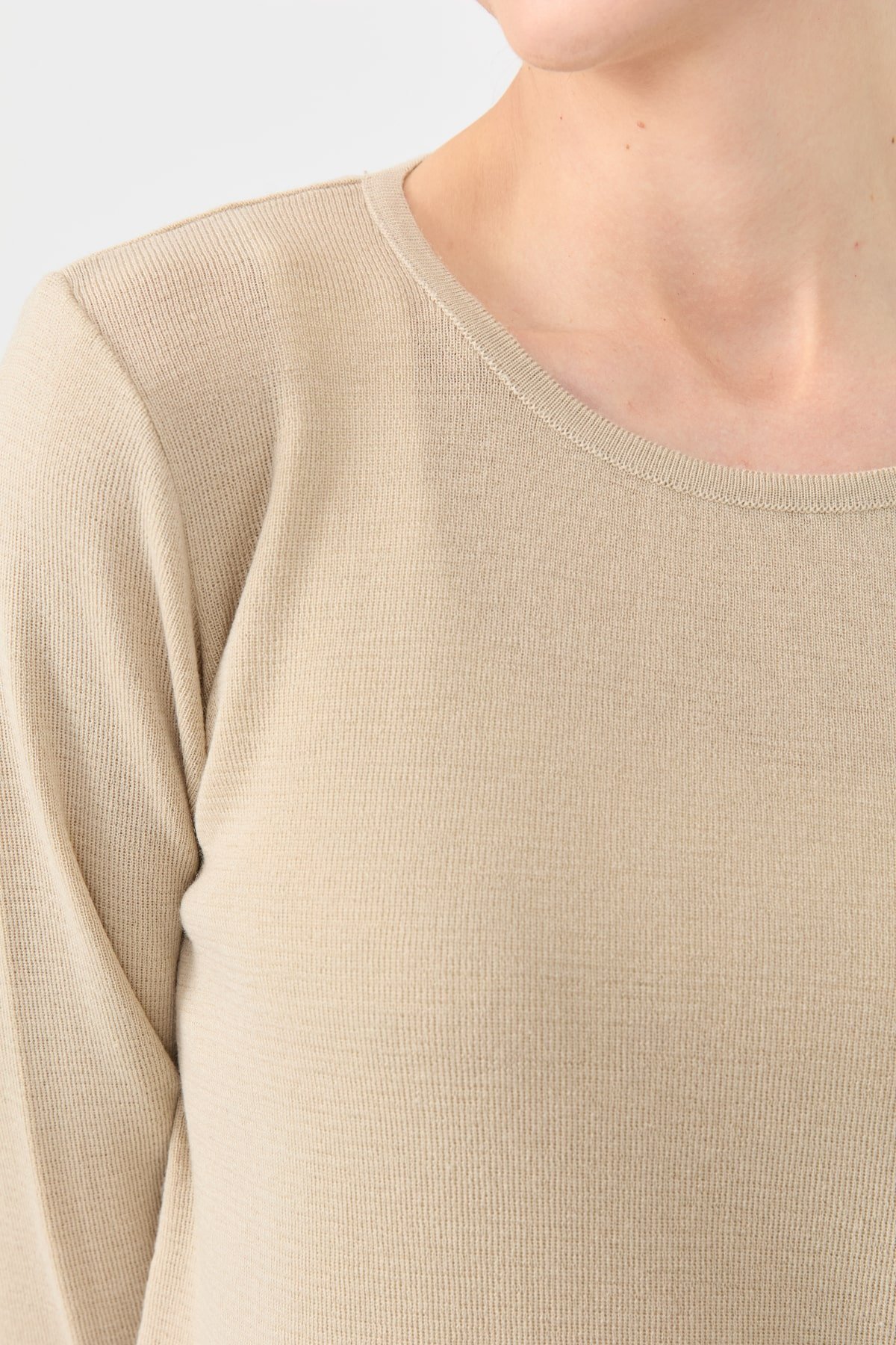 24113Kadın Sıfır Yaka Uzun Kollu Basic Yün Bluz M.Bej