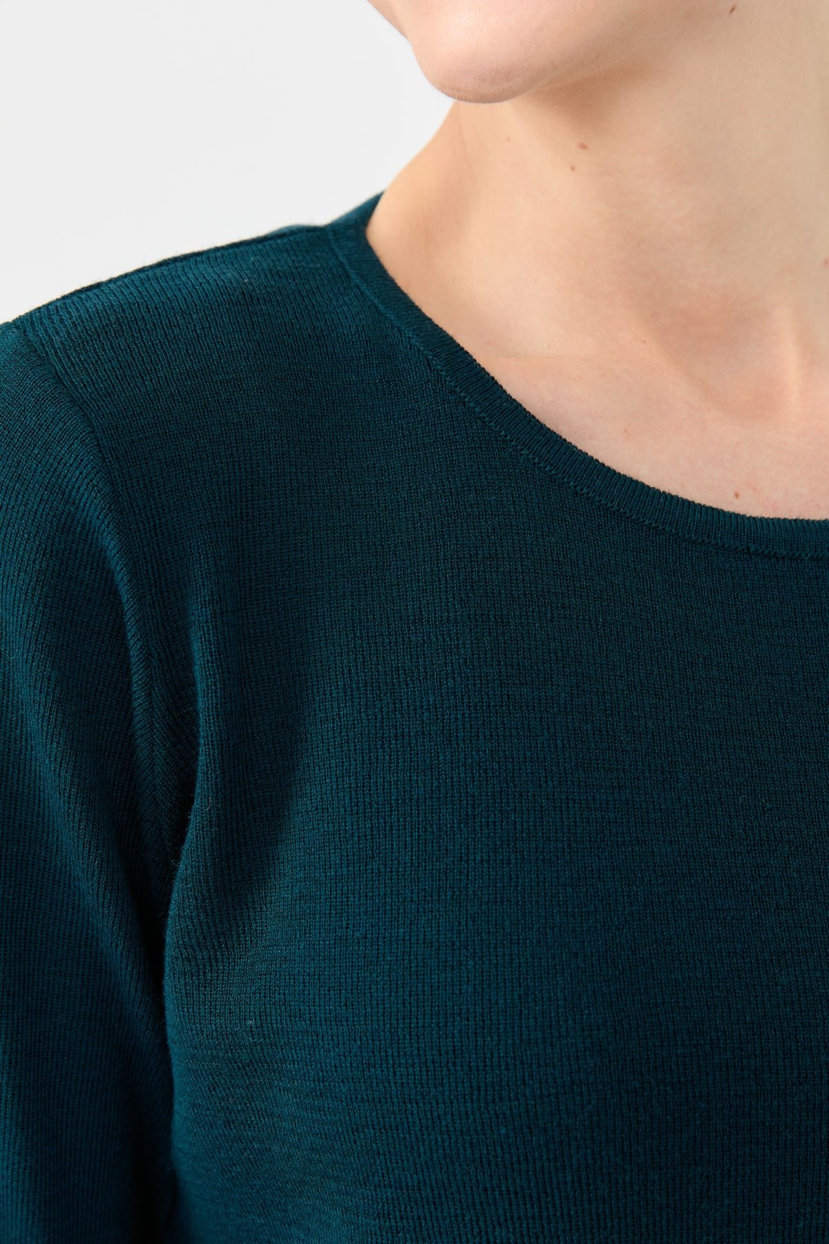 24113Kadın Sıfır Yaka Uzun Kollu Basic Yün Bluz Petrol