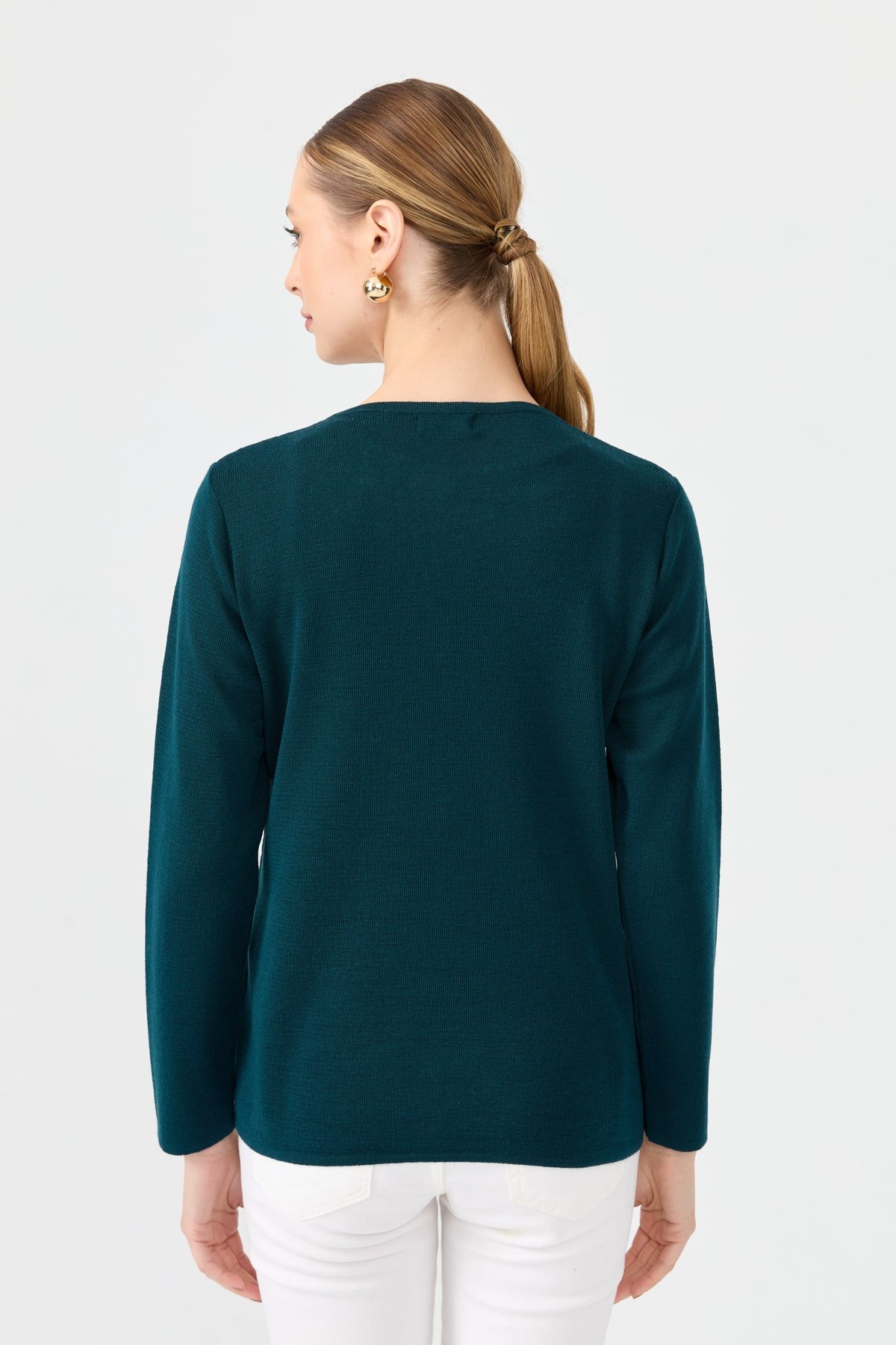 24113Kadın Sıfır Yaka Uzun Kollu Basic Yün Bluz Petrol