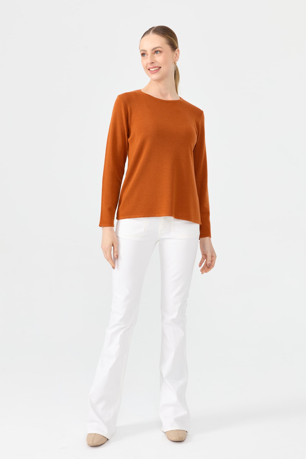 24113Kadın Sıfır Yaka Uzun Kollu Basic Yün Bluz A.Kiremit