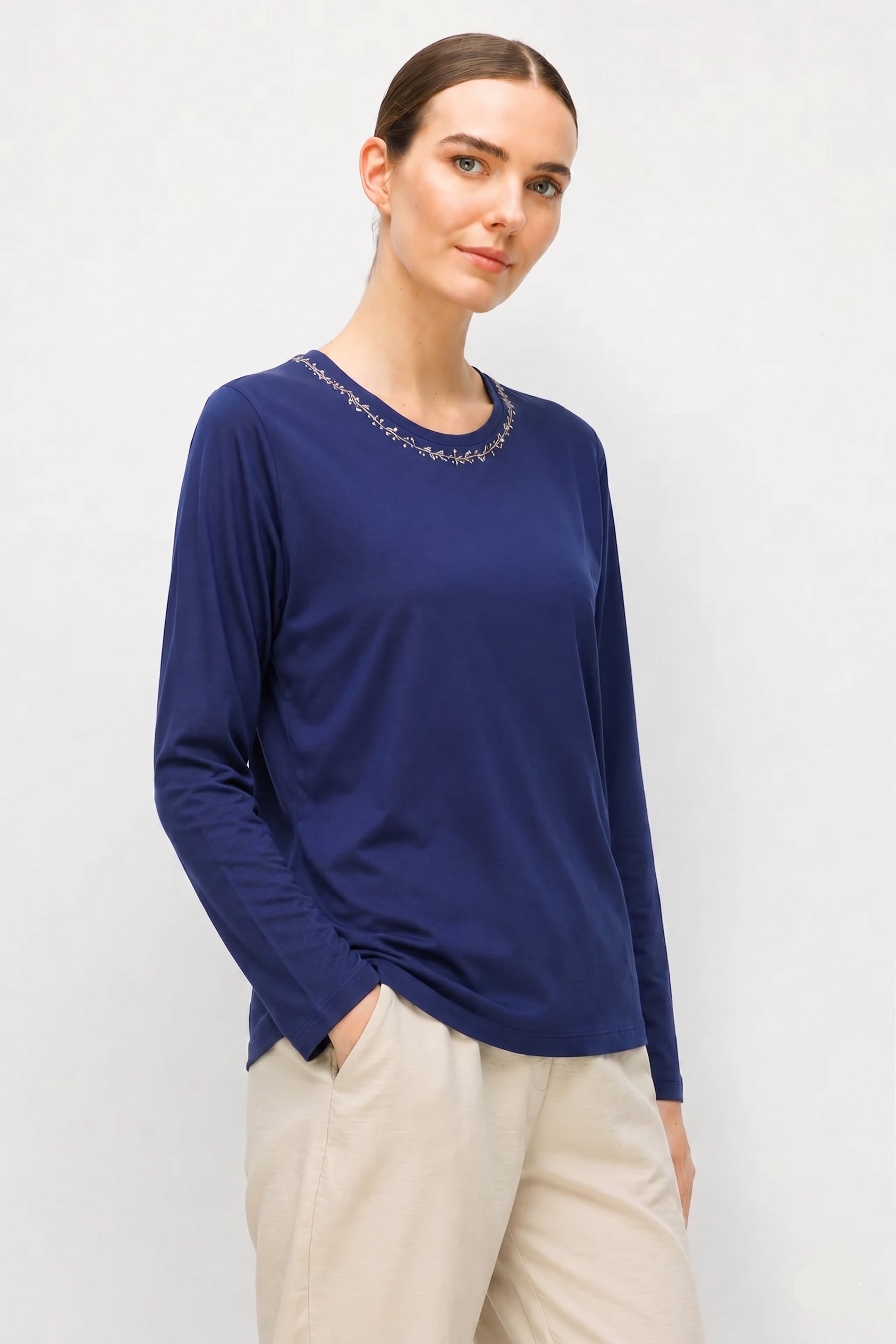 26705Women's Cotton Jersey Blouse with Embroidered Neckline Navy Blue
