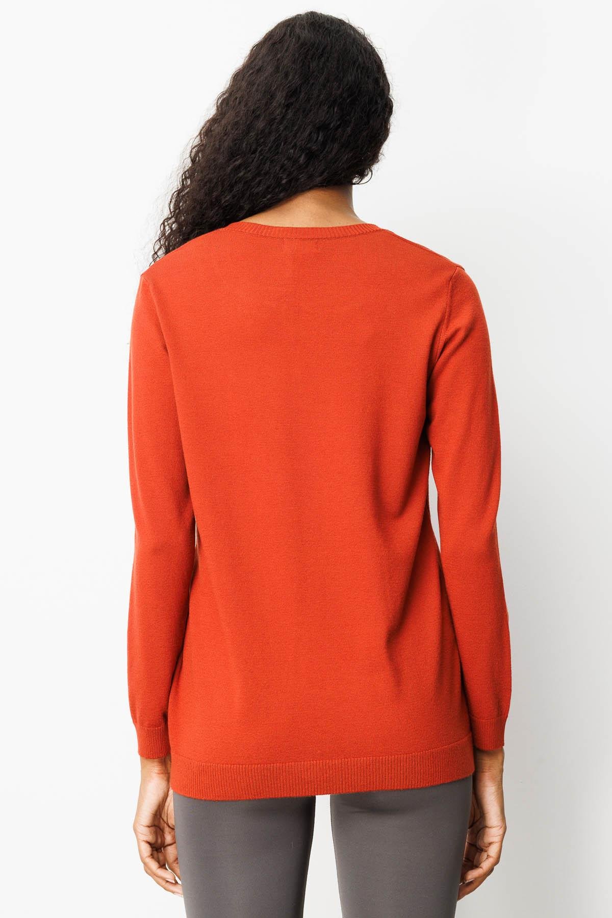 25094Kadın Sıfır Yaka Yakası Çiçek Nakış İşlemeli Bluz K.Kiremit