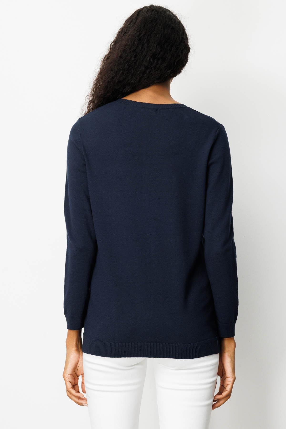 25094Kadın Sıfır Yaka Yakası Çiçek Nakış İşlemeli Bluz K.Lacivert