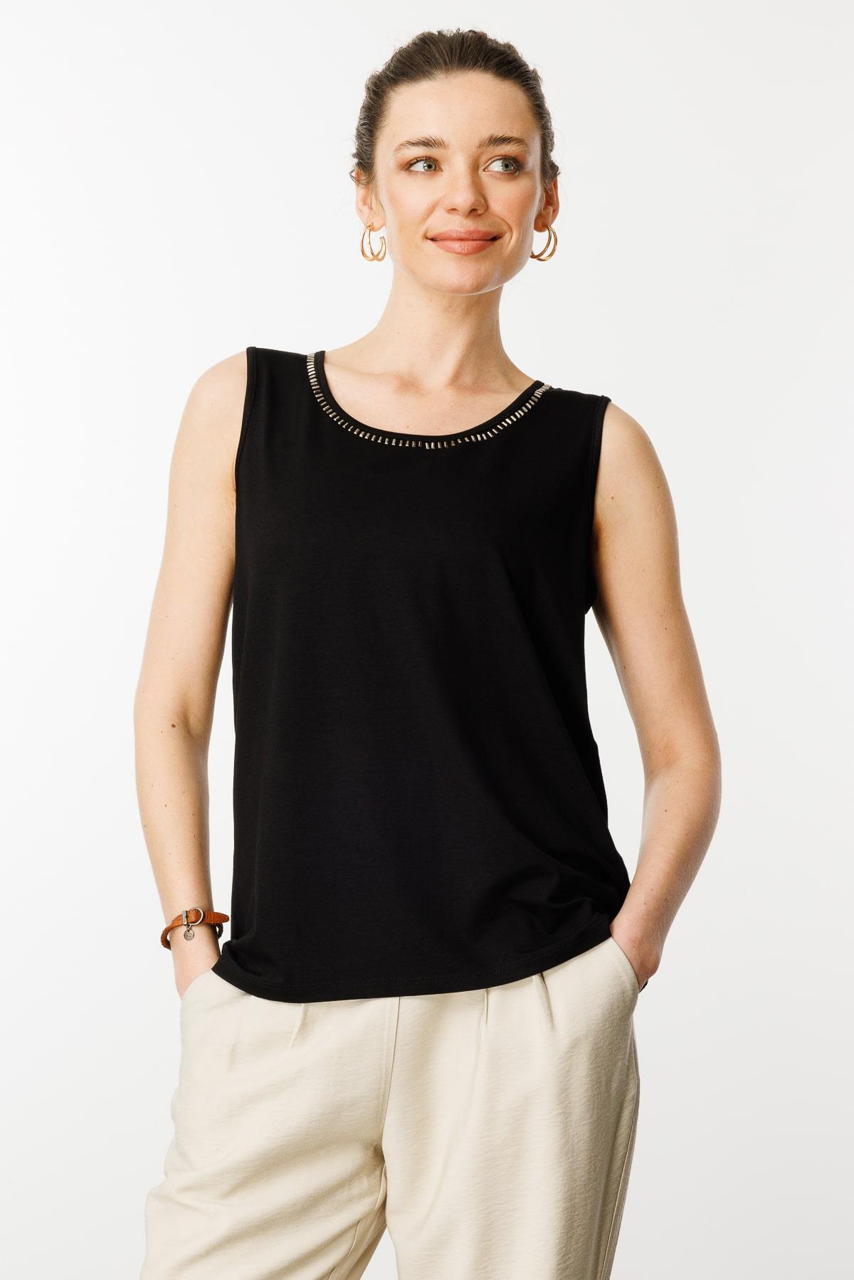 25755Kadın Sıfır Yaka Yakası Taşlı Askılı T-shirt Siyah