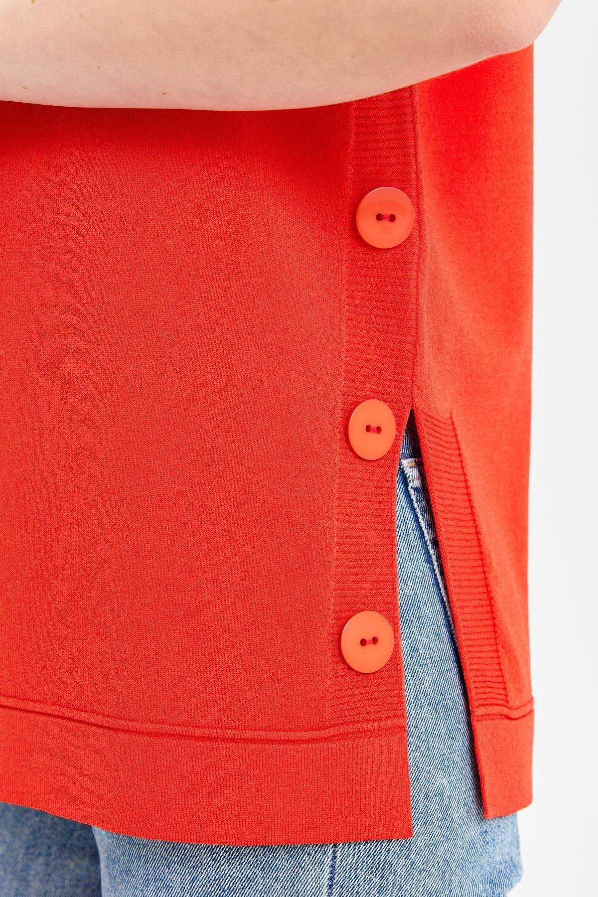 24350Kadın Sıfır Yaka Yanı Düğmeli İnce Triko Bluz Mercan