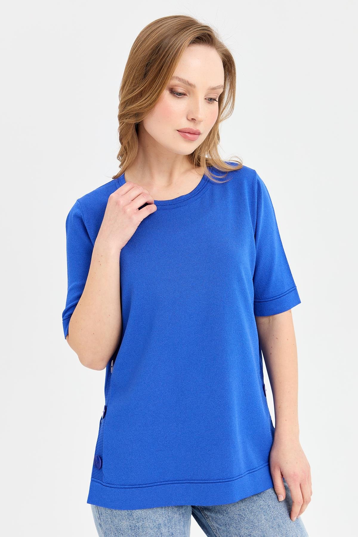 24350Kadın Sıfır Yaka Yanı Düğmeli İnce Triko Bluz Saks