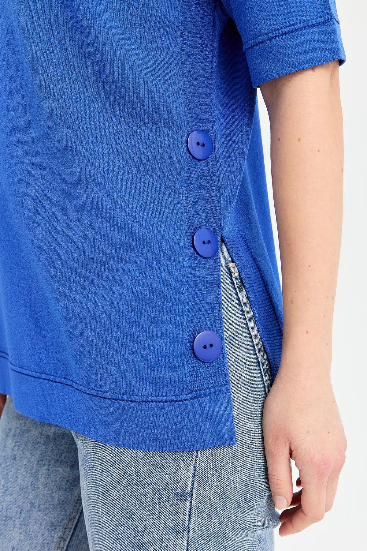 24350Kadın Sıfır Yaka Yanı Düğmeli İnce Triko Bluz Saks