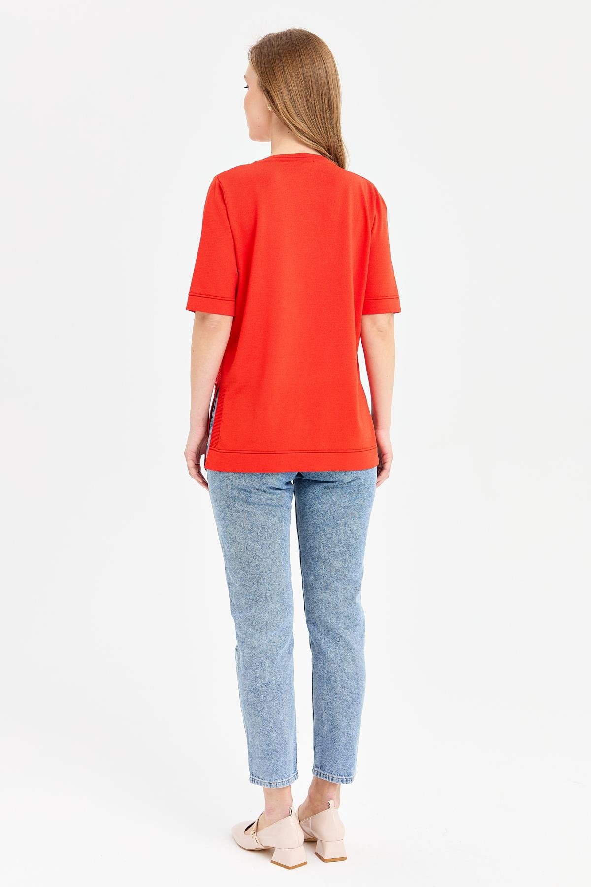 24350Kadın Sıfır Yaka Yanı Düğmeli İnce Triko Bluz Mercan