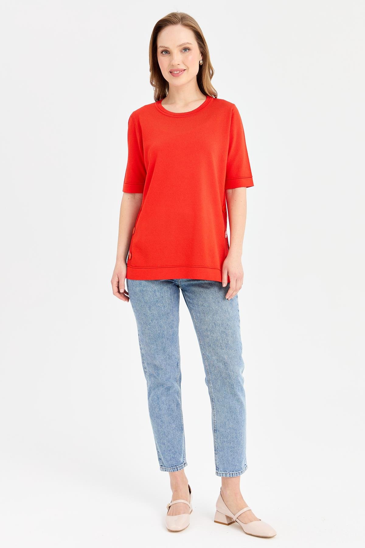 24350Kadın Sıfır Yaka Yanı Düğmeli İnce Triko Bluz Mercan