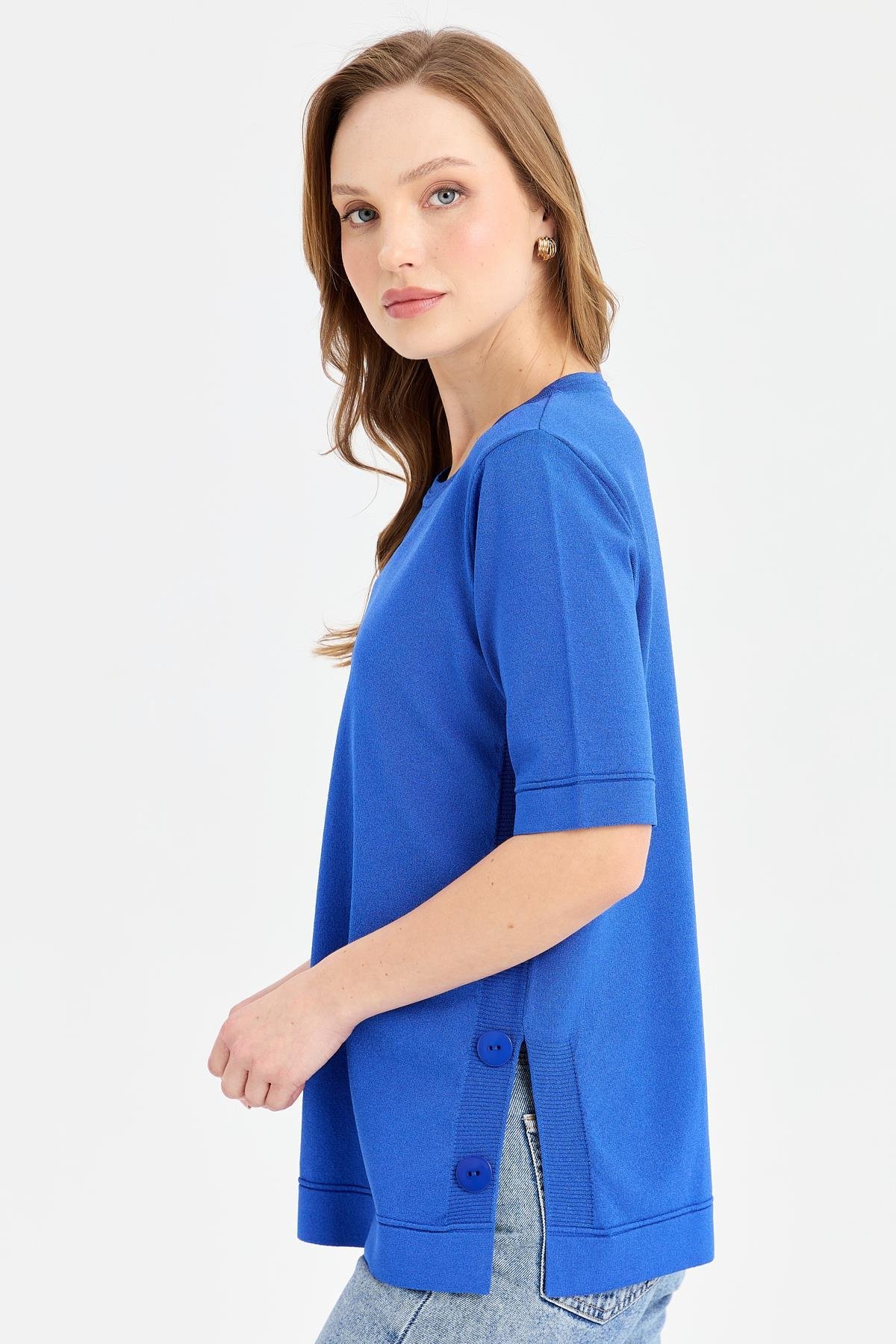 24350Kadın Sıfır Yaka Yanı Düğmeli İnce Triko Bluz Saks