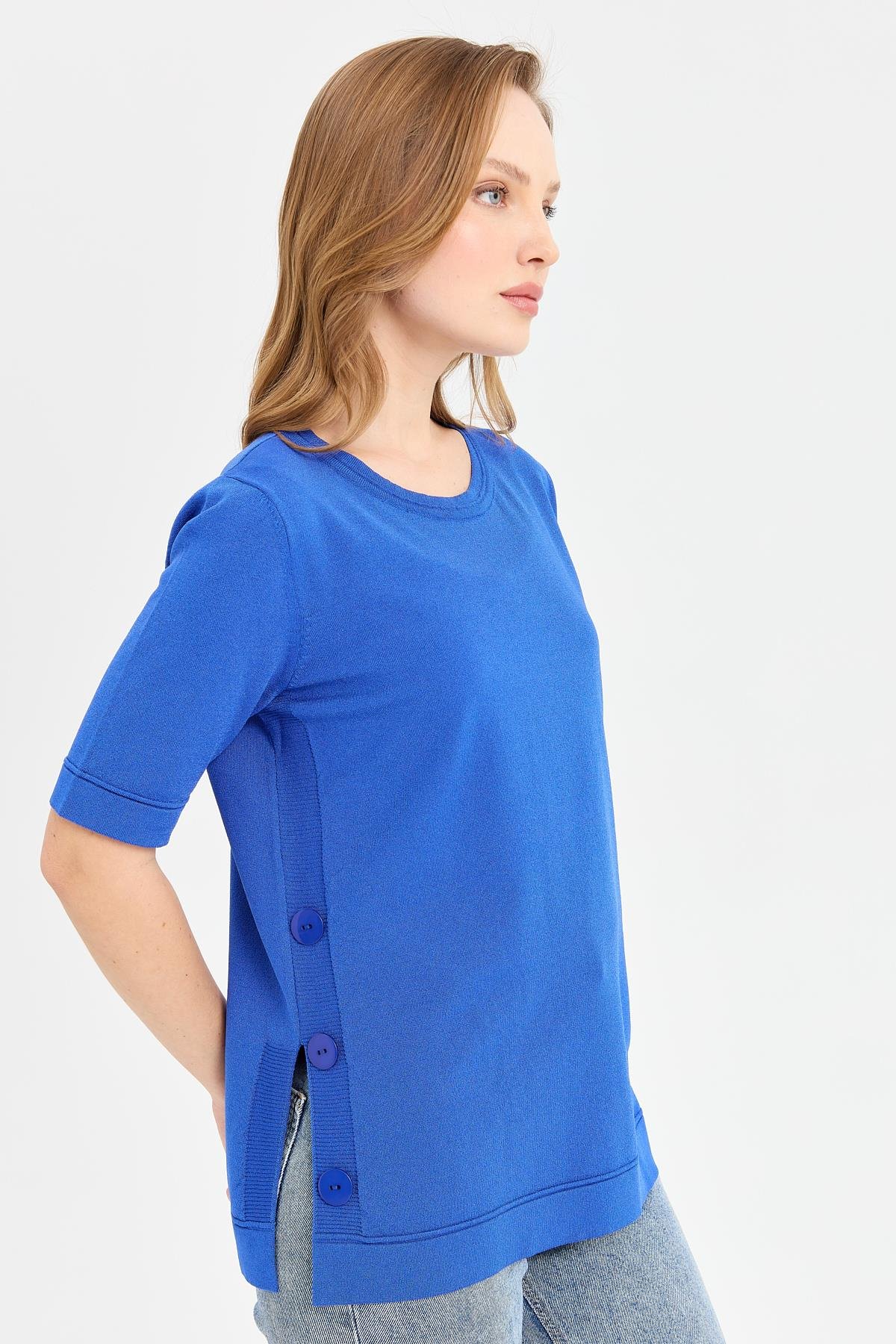 24350Kadın Sıfır Yaka Yanı Düğmeli İnce Triko Bluz Saks