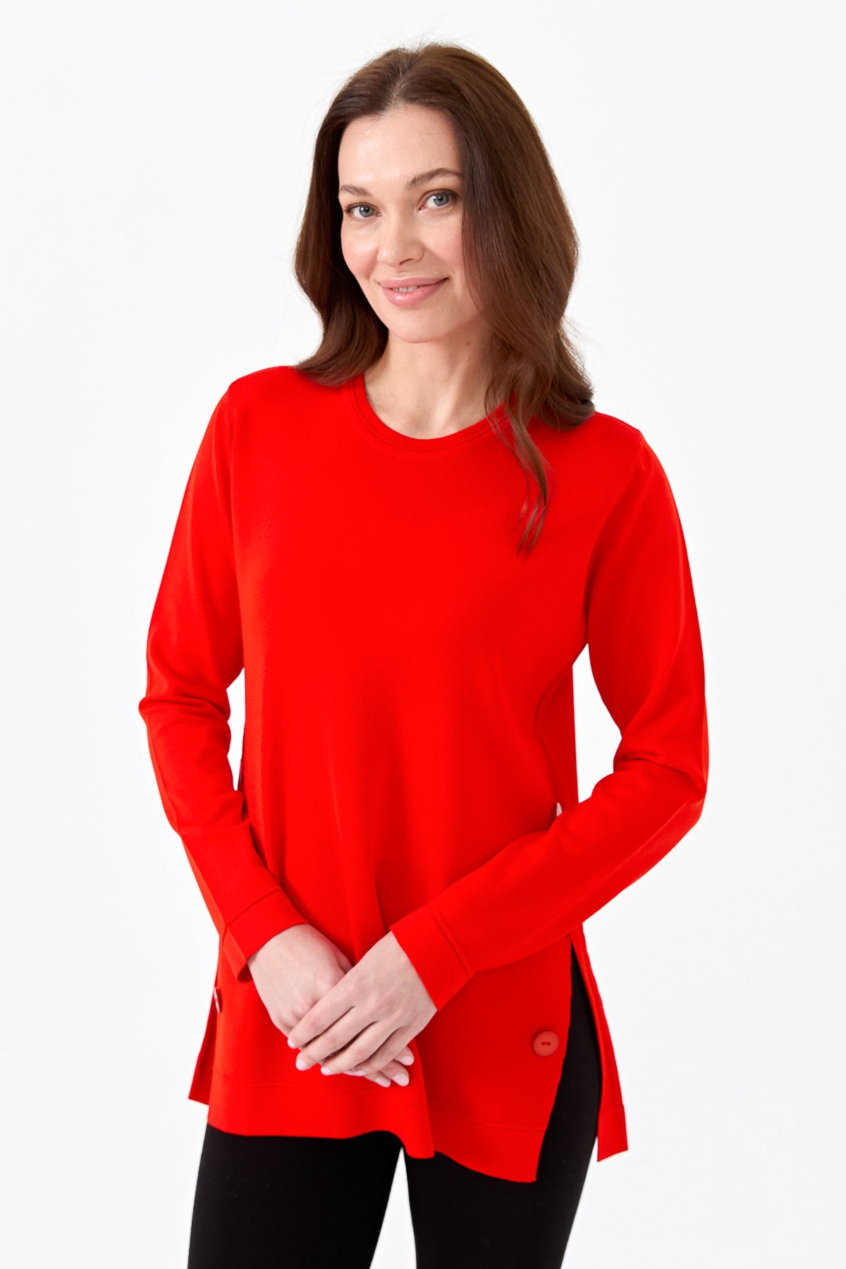 23355Kadın Sıfır Yaka Yanı Düğmeli Triko Bluz Kırmızı