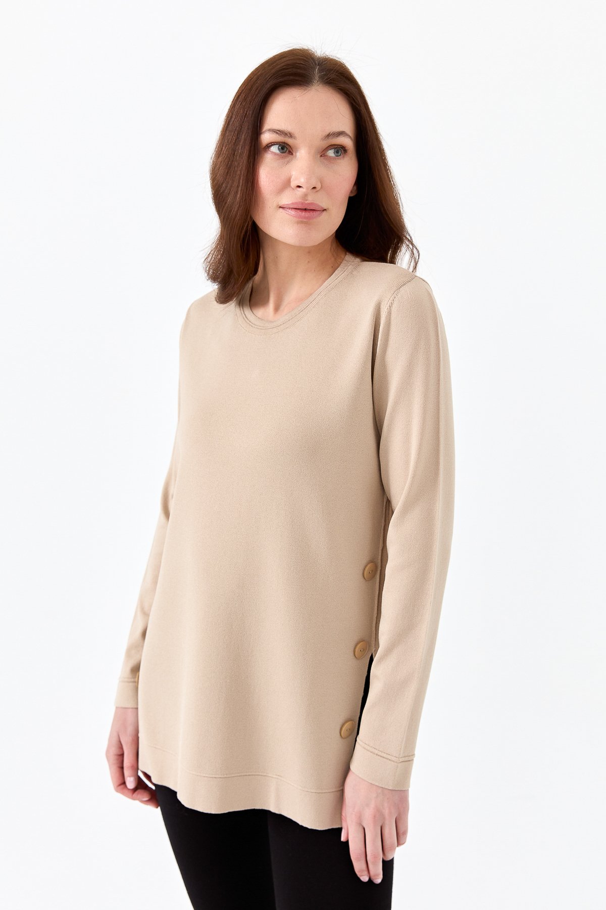 23355Kadın Sıfır Yaka Yanı Düğmeli Triko Bluz Bej