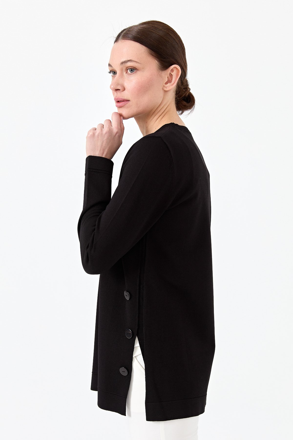 23355Kadın Sıfır Yaka Yanı Düğmeli Triko Bluz Siyah