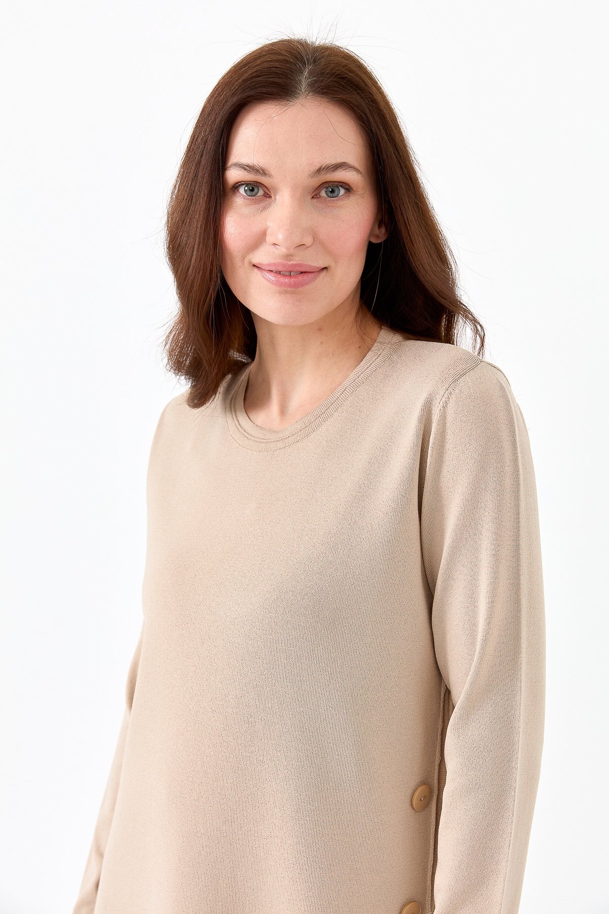 23355Kadın Sıfır Yaka Yanı Düğmeli Triko Bluz Bej