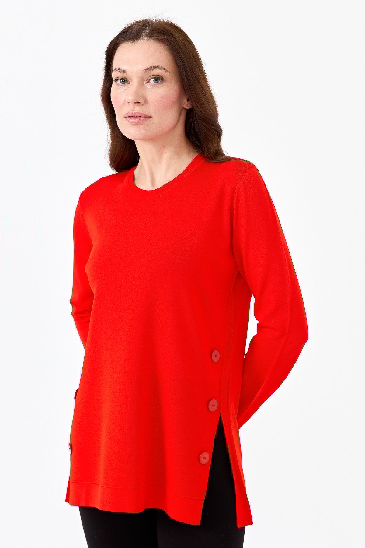 23355Kadın Sıfır Yaka Yanı Düğmeli Triko Bluz Kırmızı