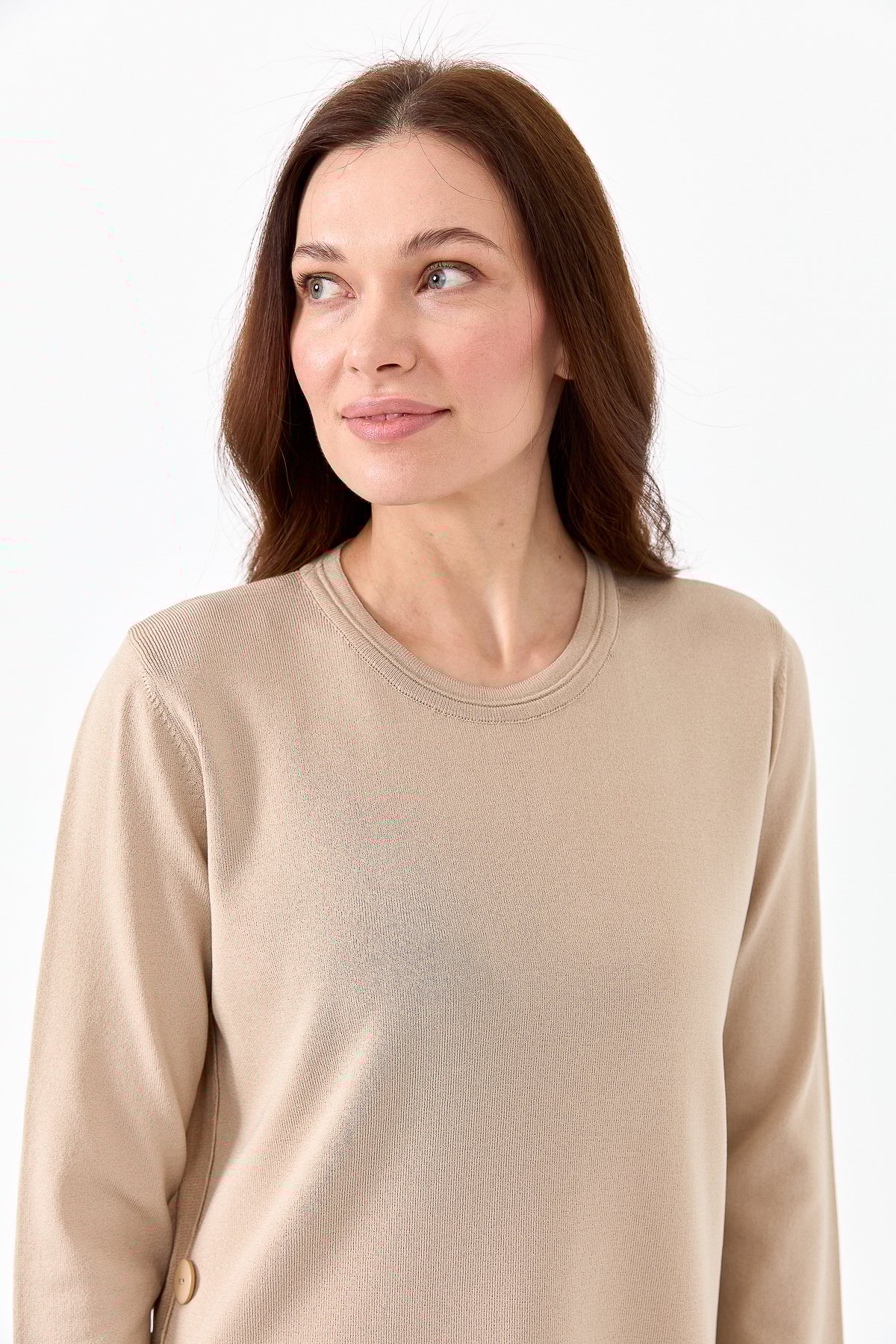 23355Kadın Sıfır Yaka Yanı Düğmeli Triko Bluz Bej