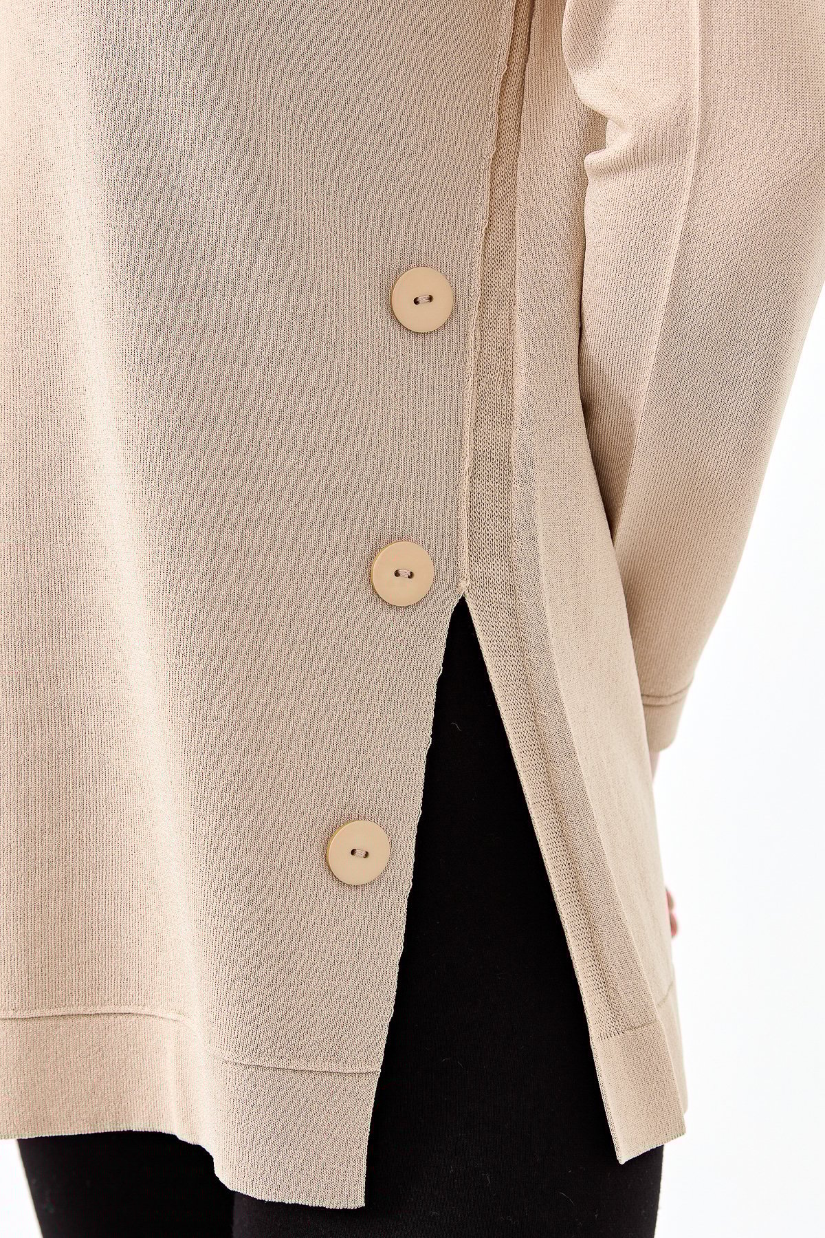 23355Kadın Sıfır Yaka Yanı Düğmeli Triko Bluz Bej