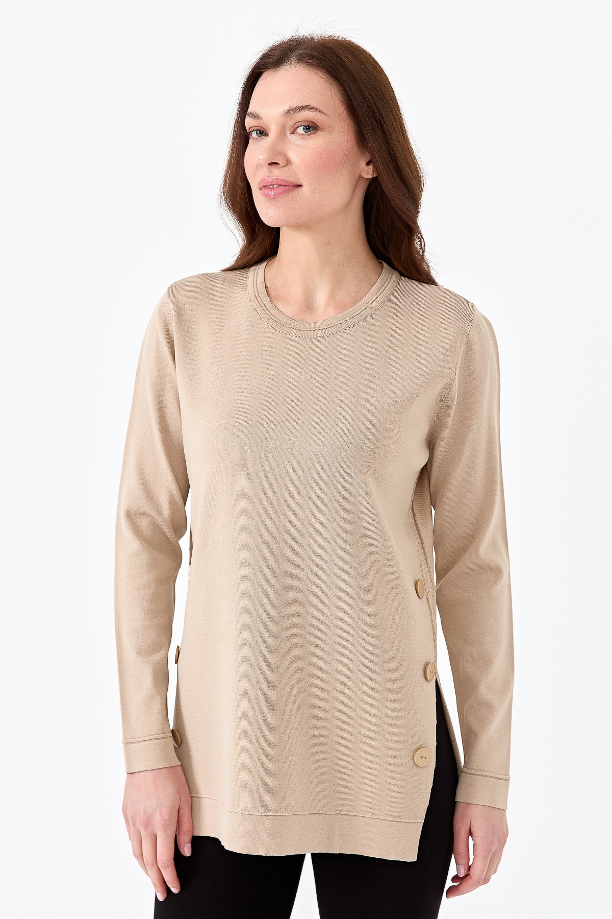 23355Kadın Sıfır Yaka Yanı Düğmeli Triko Bluz Bej
