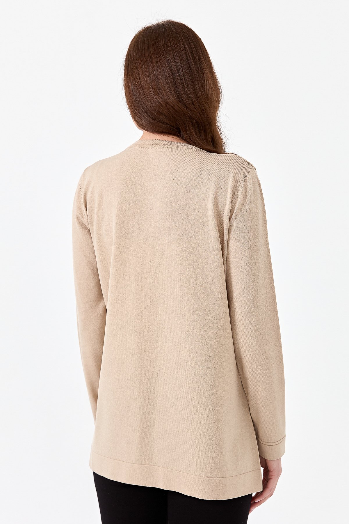 23355Kadın Sıfır Yaka Yanı Düğmeli Triko Bluz Bej
