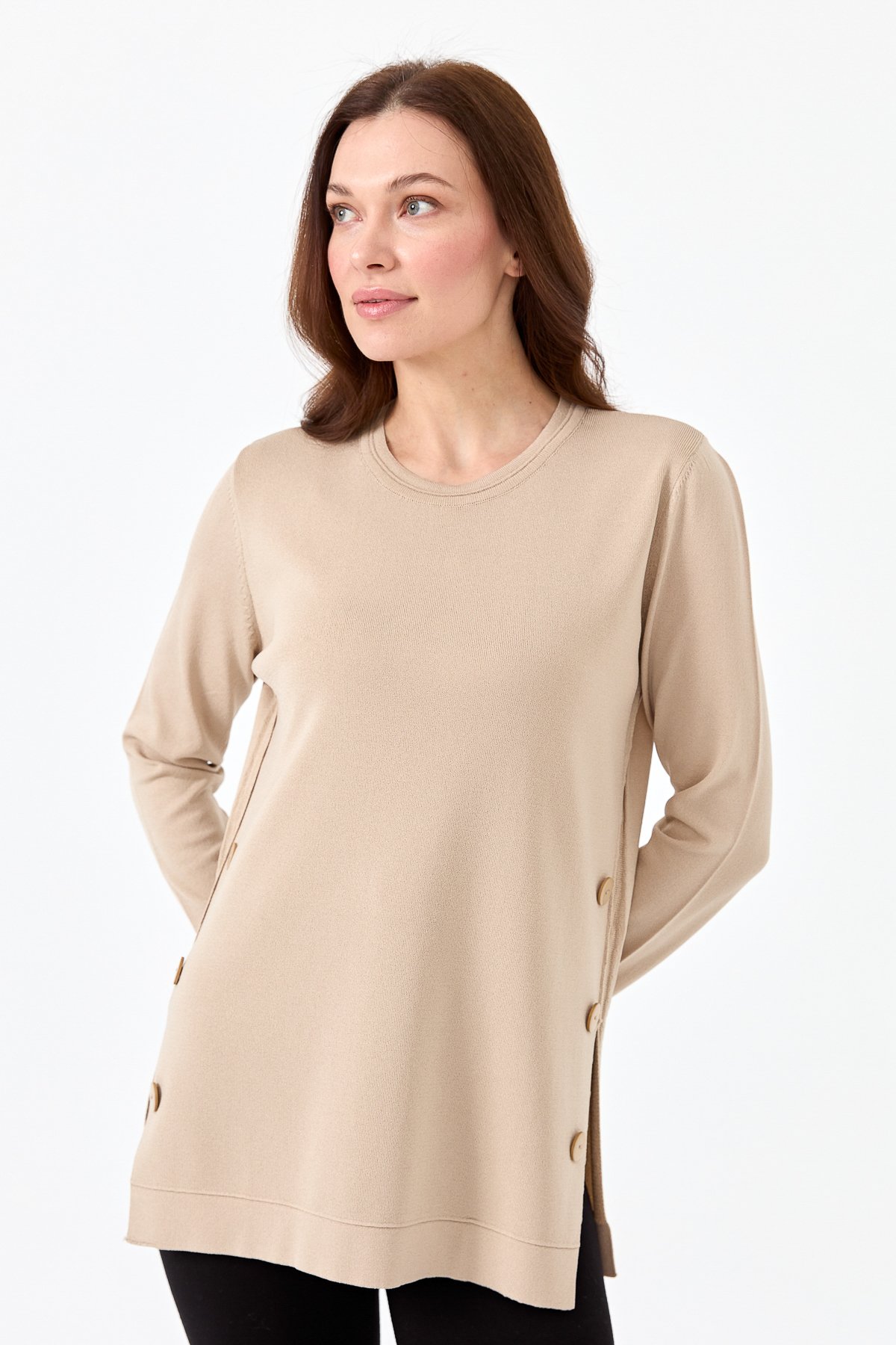 23355Kadın Sıfır Yaka Yanı Düğmeli Triko Bluz Bej