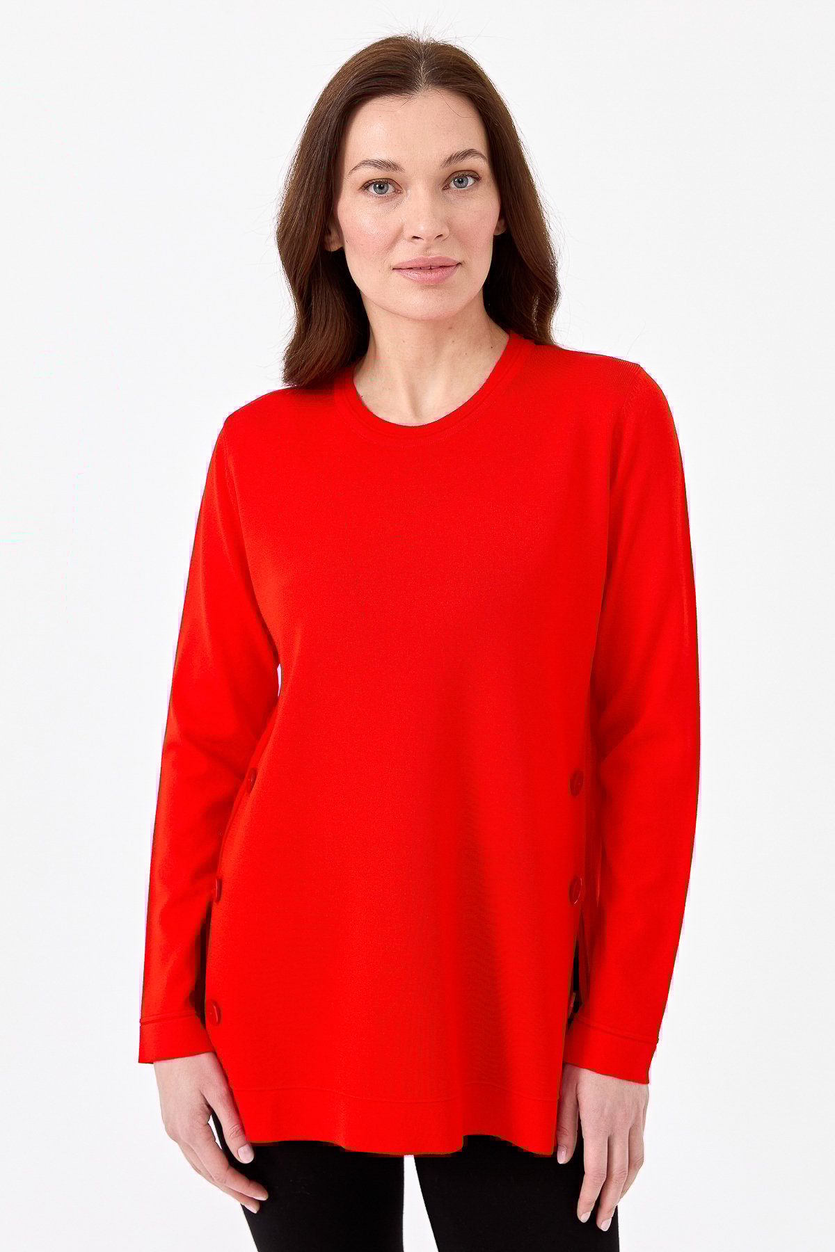 23355Kadın Sıfır Yaka Yanı Düğmeli Triko Bluz Kırmızı