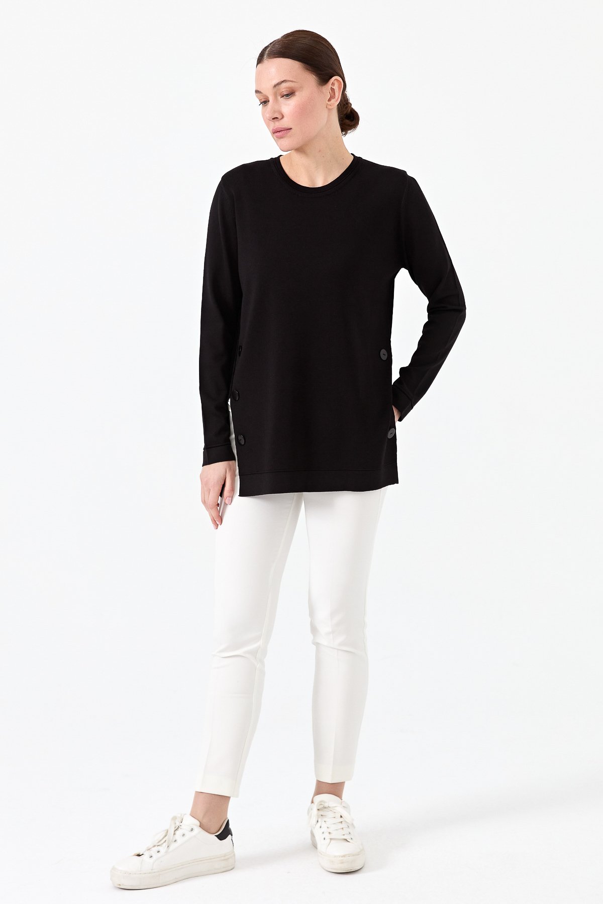 23355Kadın Sıfır Yaka Yanı Düğmeli Triko Bluz Siyah