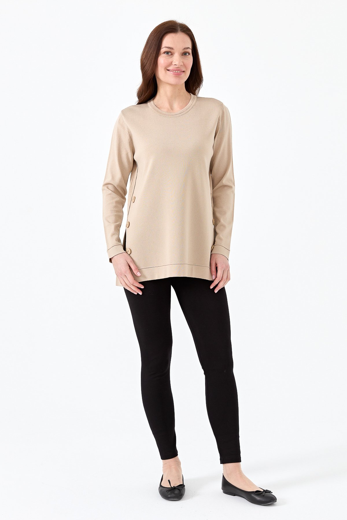 23355Kadın Sıfır Yaka Yanı Düğmeli Triko Bluz Bej