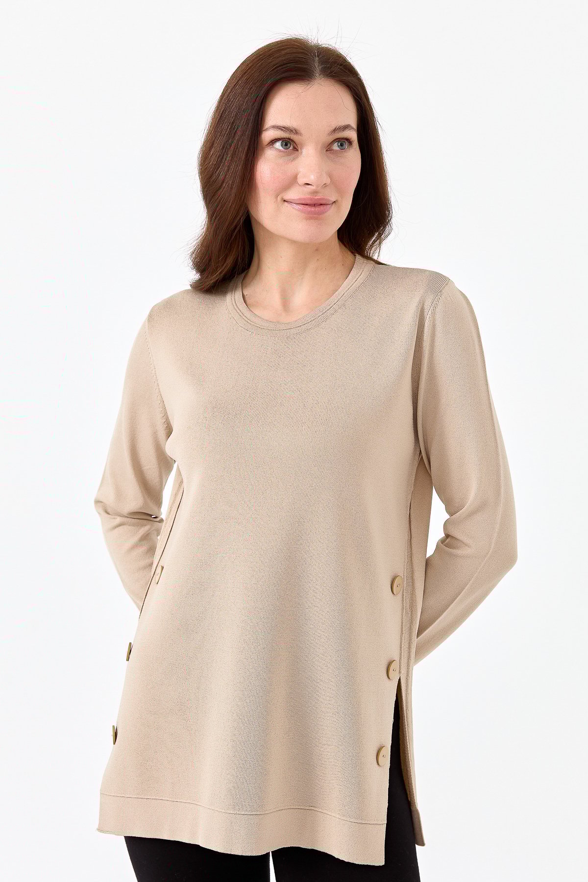 23355Kadın Sıfır Yaka Yanı Düğmeli Triko Bluz Bej