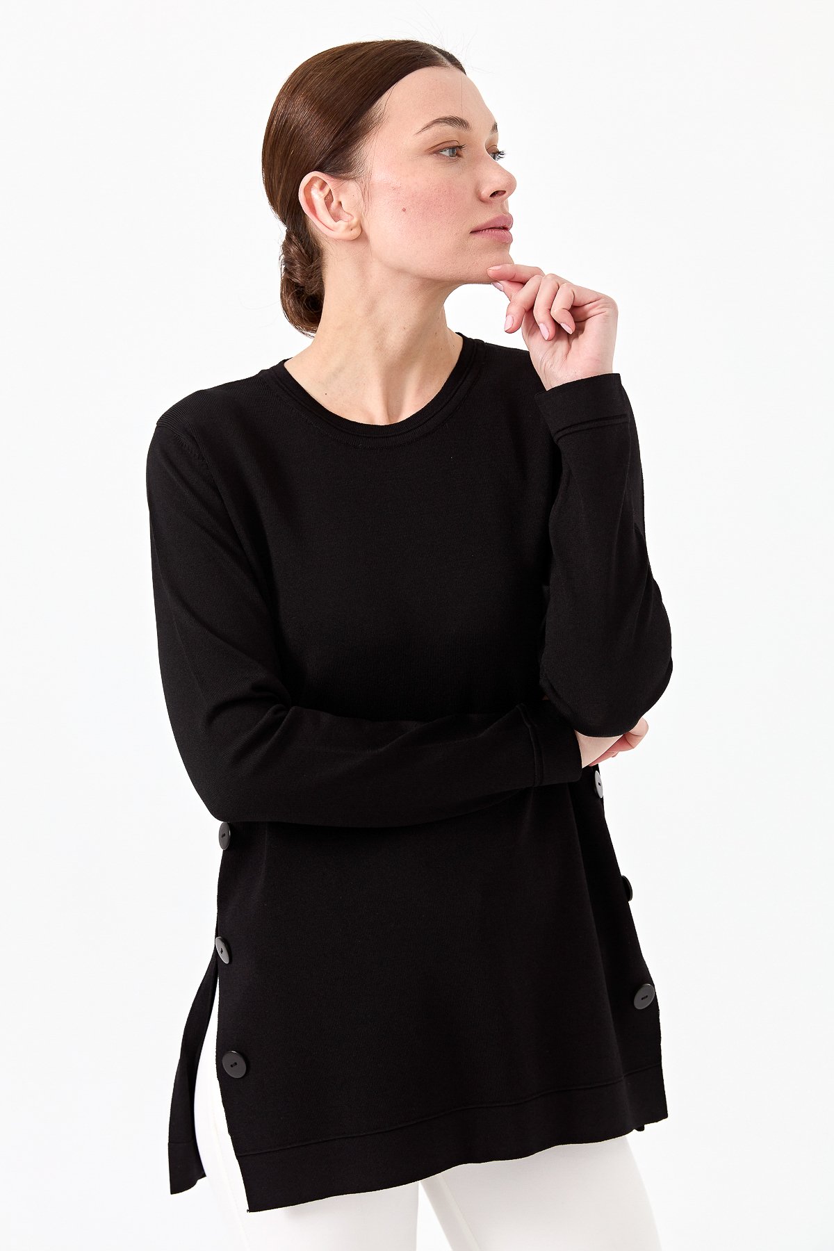 23355Kadın Sıfır Yaka Yanı Düğmeli Triko Bluz Siyah