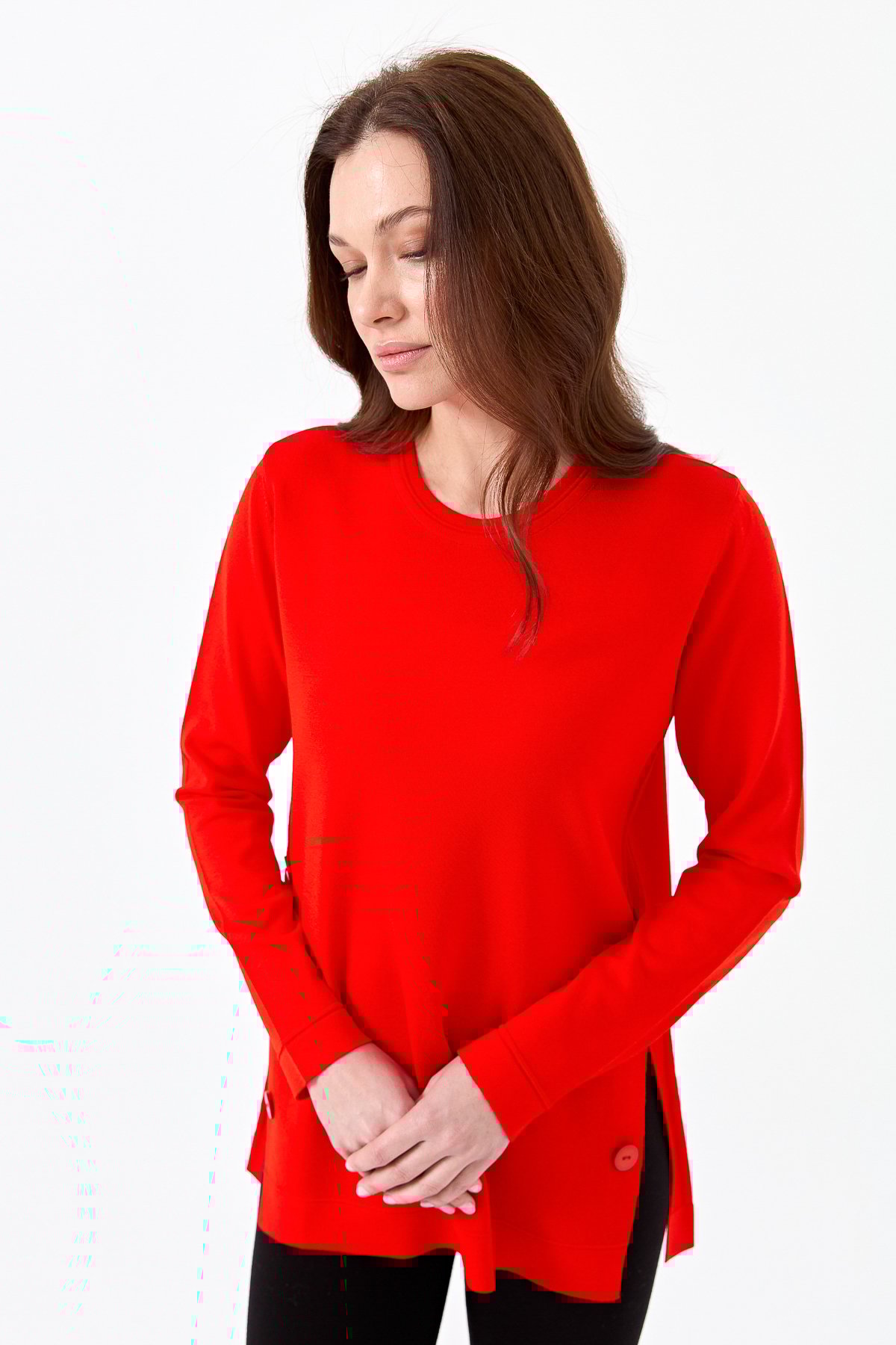 23355Kadın Sıfır Yaka Yanı Düğmeli Triko Bluz Kırmızı