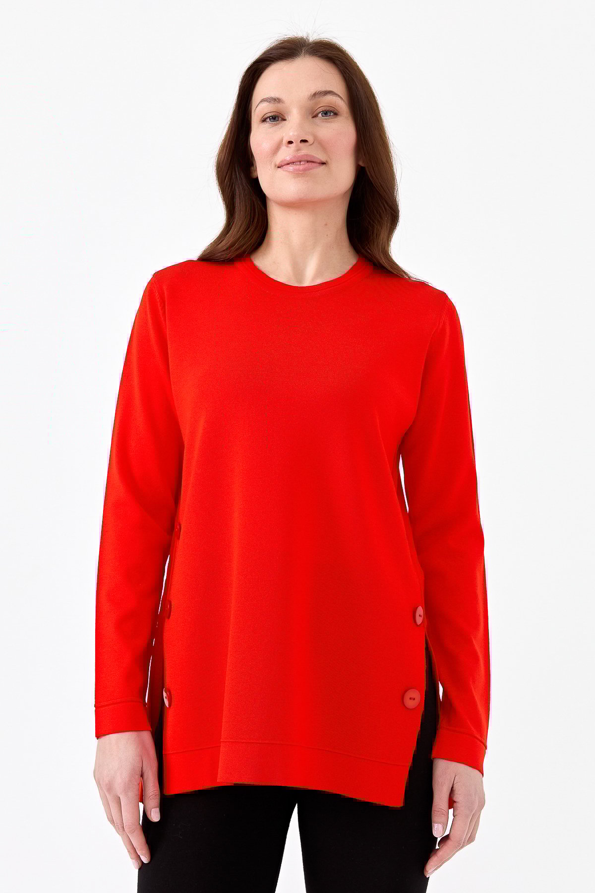 23355Kadın Sıfır Yaka Yanı Düğmeli Triko Bluz Kırmızı