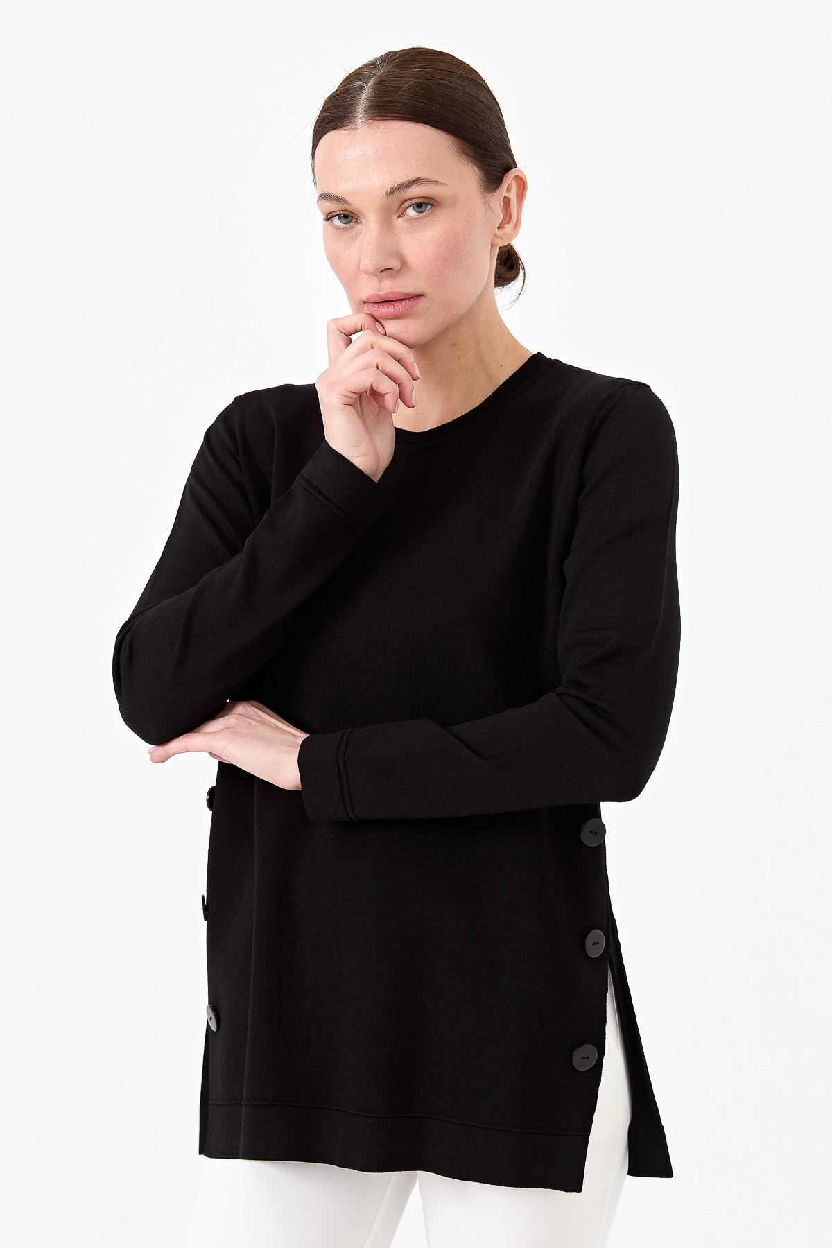 23355Kadın Sıfır Yaka Yanı Düğmeli Triko Bluz Siyah