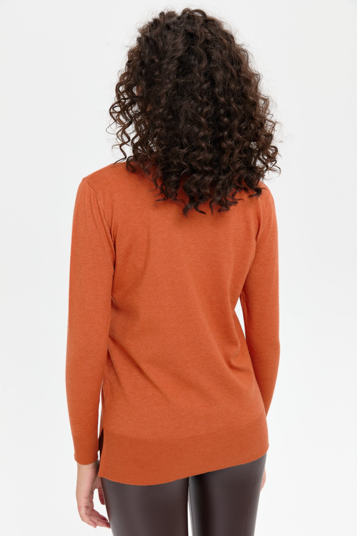 24358Kadın Sıfır Yaka Yanı Yırtmaçlı Kazak Portakal