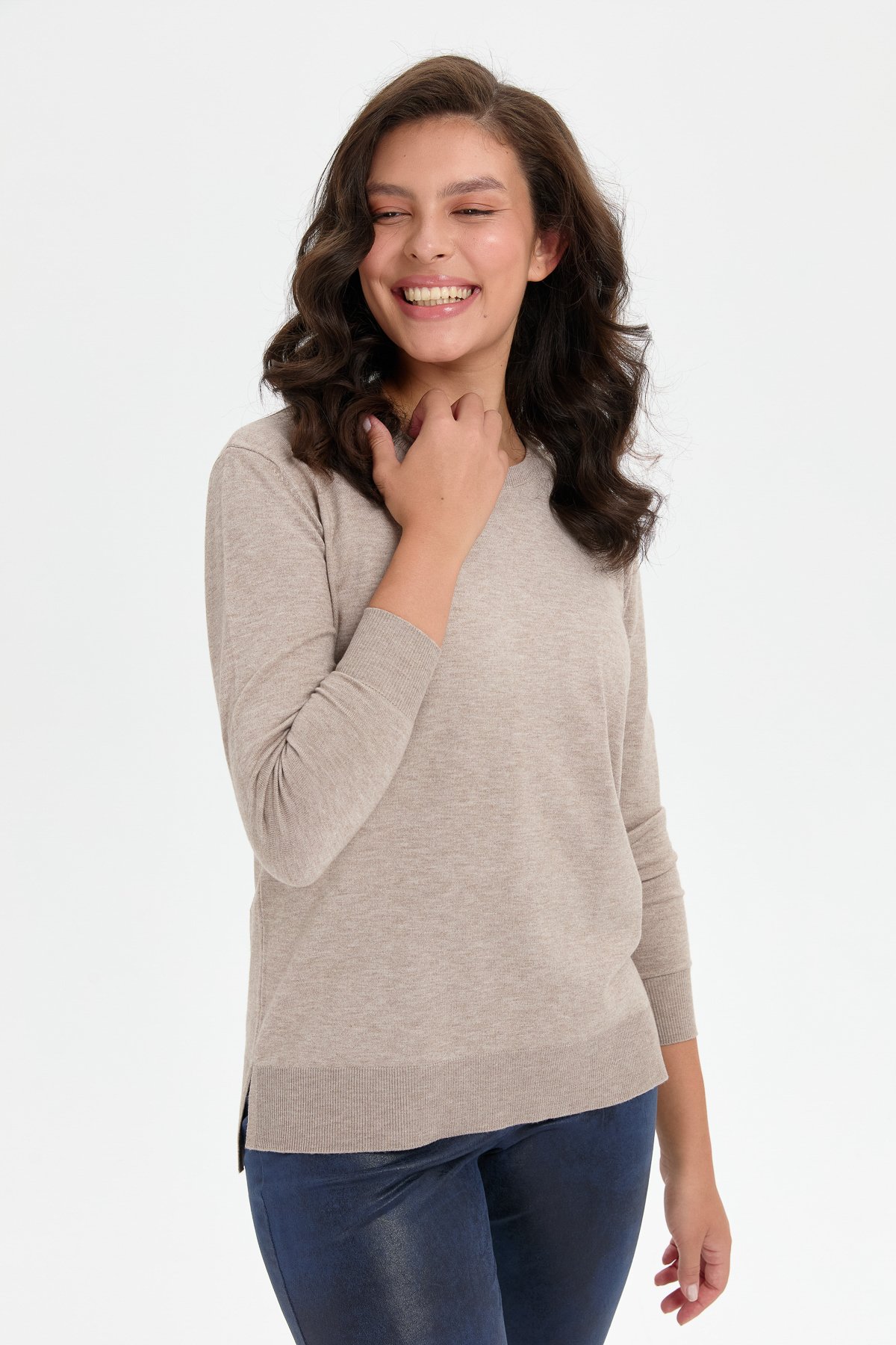 24358Kadın Sıfır Yaka Yanı Yırtmaçlı Kazak Vizon