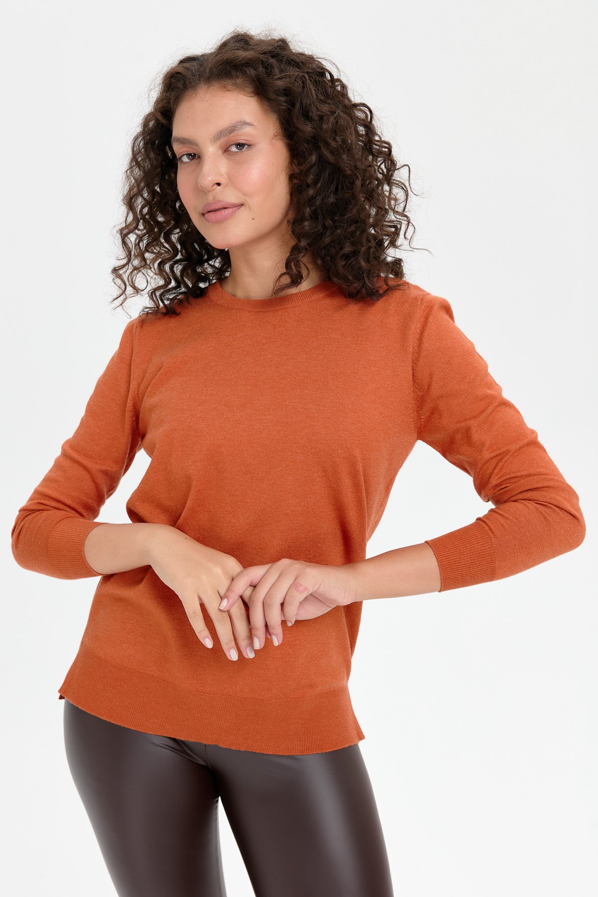 24358Kadın Sıfır Yaka Yanı Yırtmaçlı Kazak Portakal