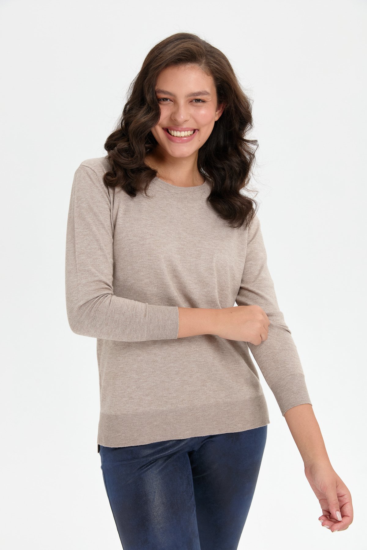 24358Kadın Sıfır Yaka Yanı Yırtmaçlı Kazak Vizon