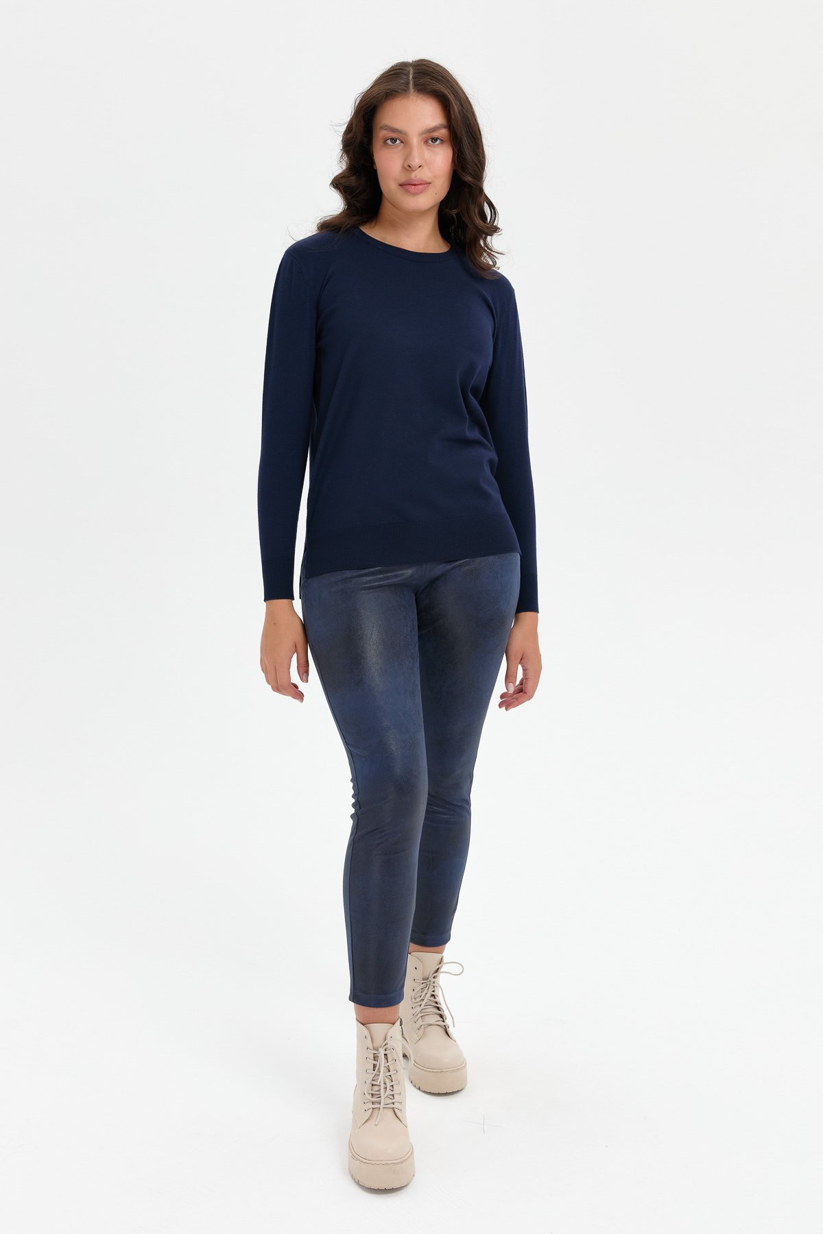 24358Kadın Sıfır Yaka Yanı Yırtmaçlı Kazak K.Lacivert