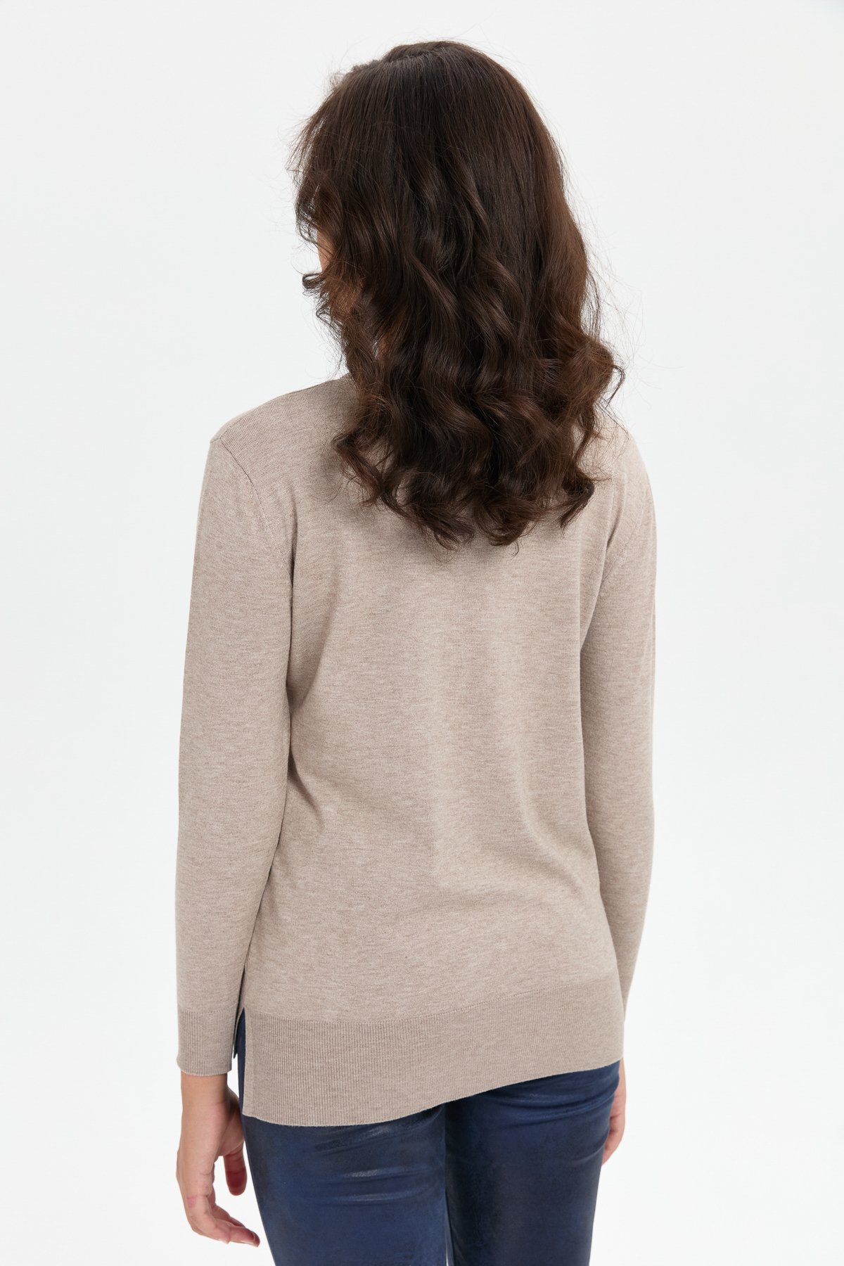 24358Kadın Sıfır Yaka Yanı Yırtmaçlı Kazak Vizon