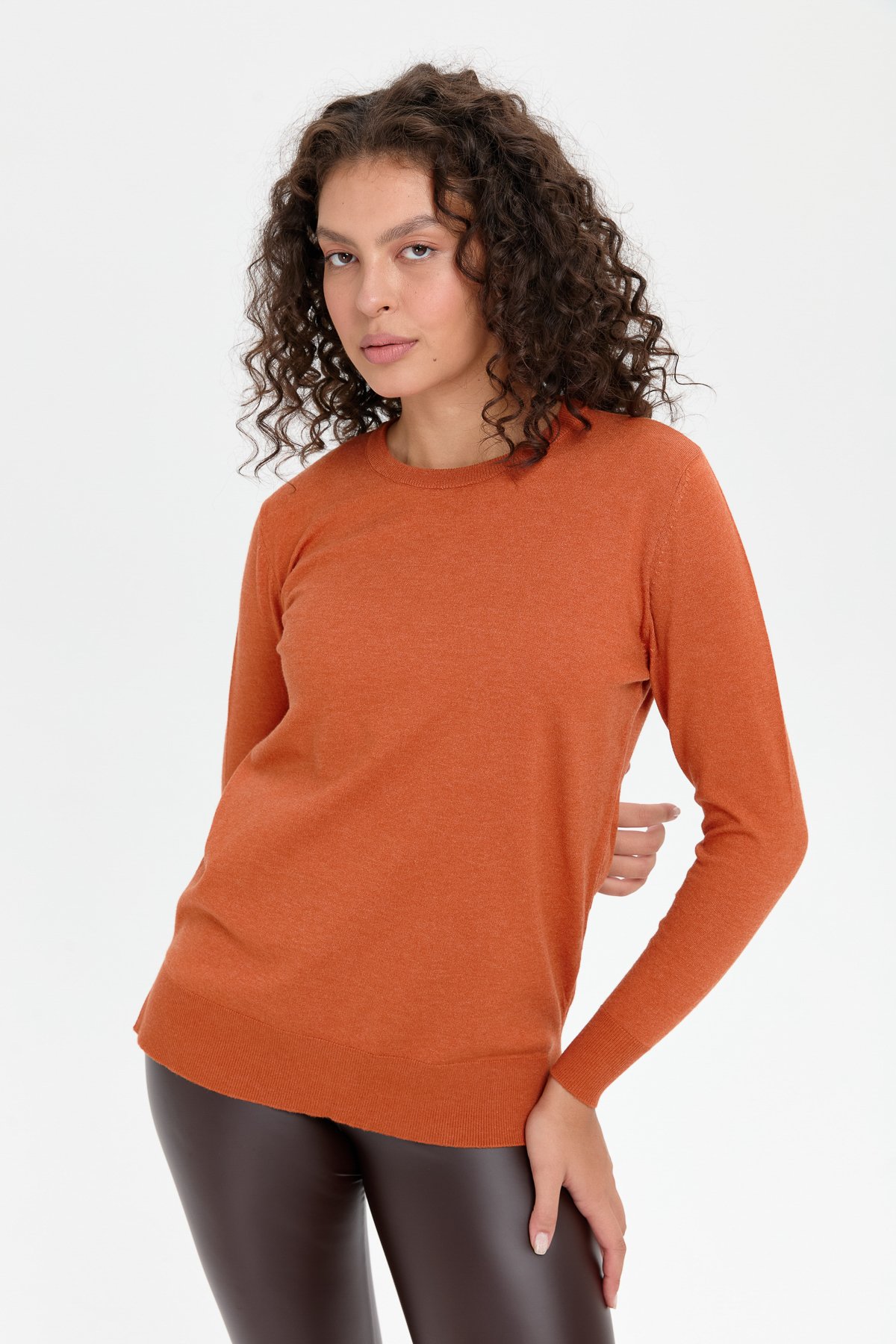 24358Kadın Sıfır Yaka Yanı Yırtmaçlı Kazak Portakal