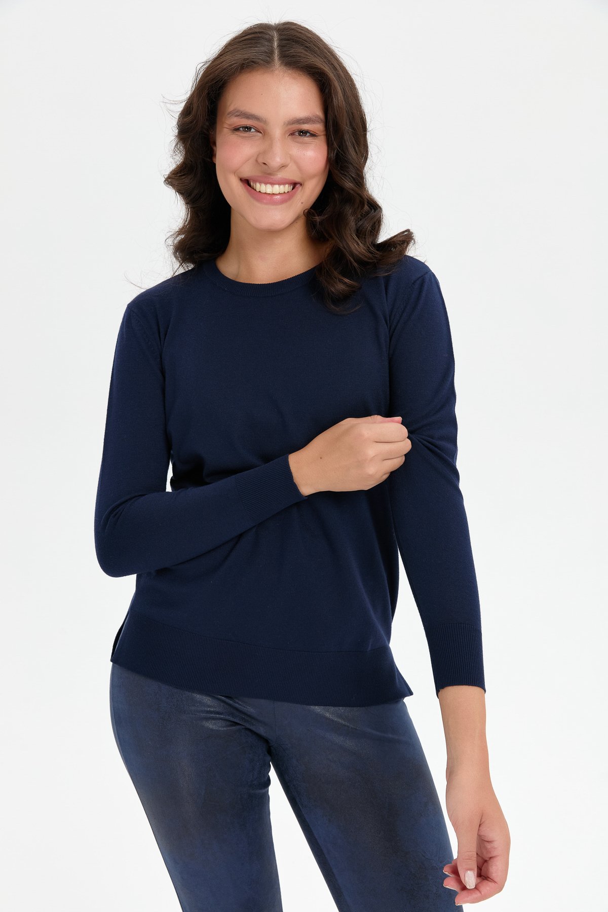 24358Kadın Sıfır Yaka Yanı Yırtmaçlı Kazak K.Lacivert