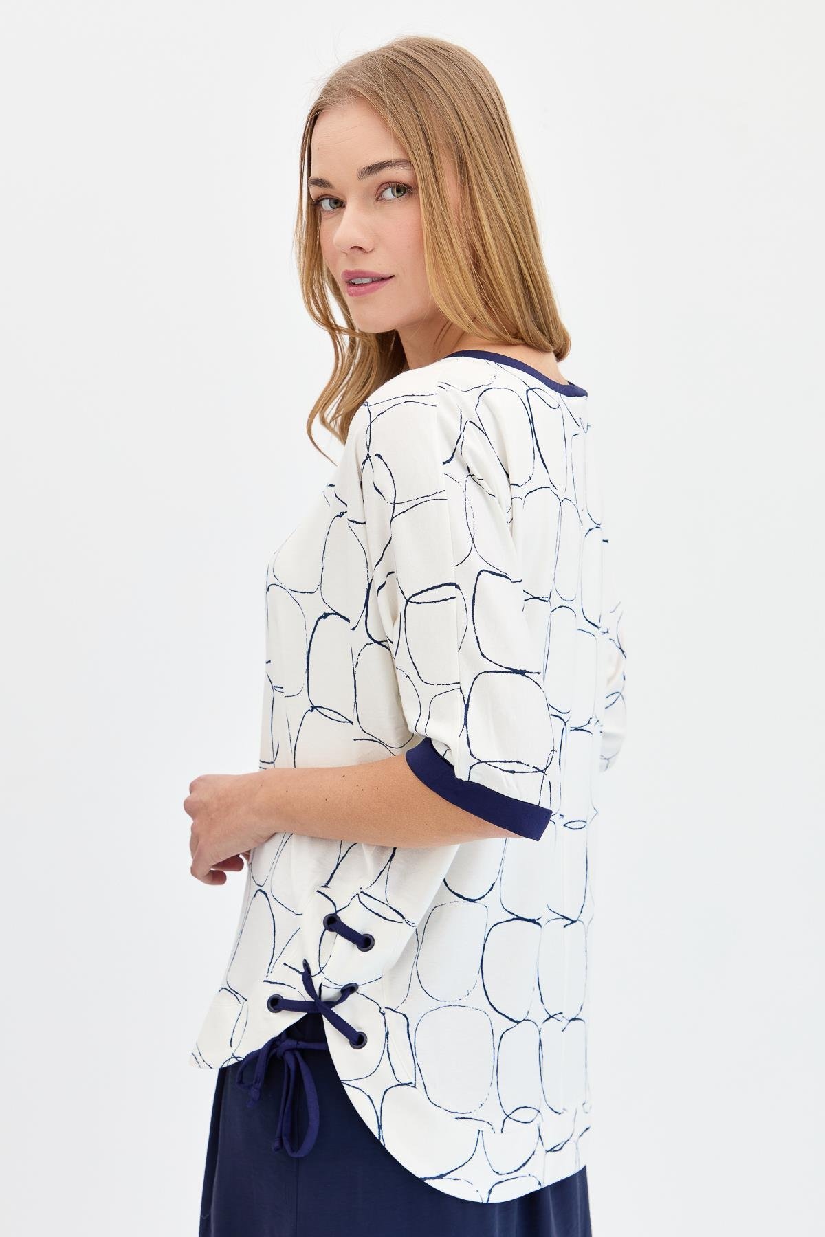 23720Kadın Sıfır Yaka Yanı Yırtmaçlı Penye T-shirt Ekru/Laci