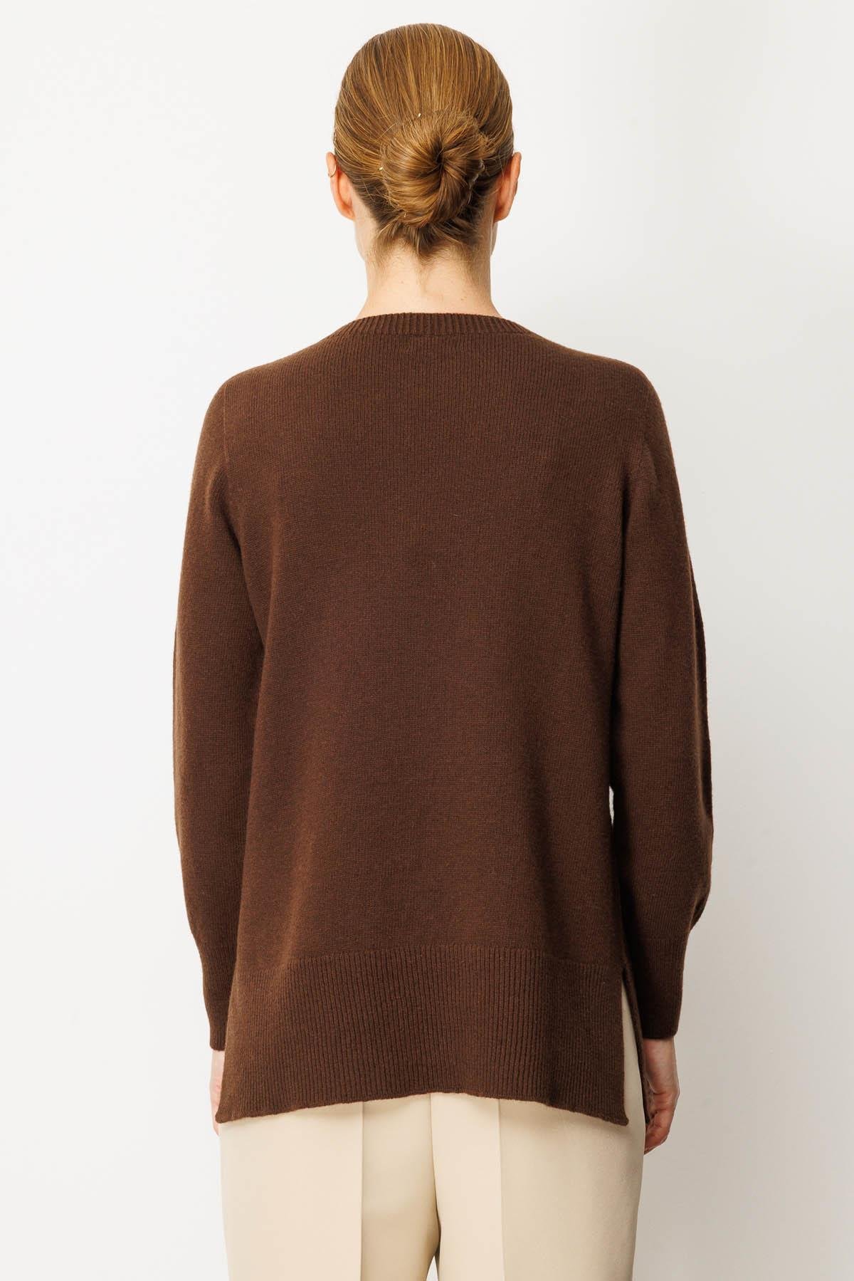 25214Kadın Sıfır Yaka Yanı Yırtmaçlı Yün Bluz M.Kahve