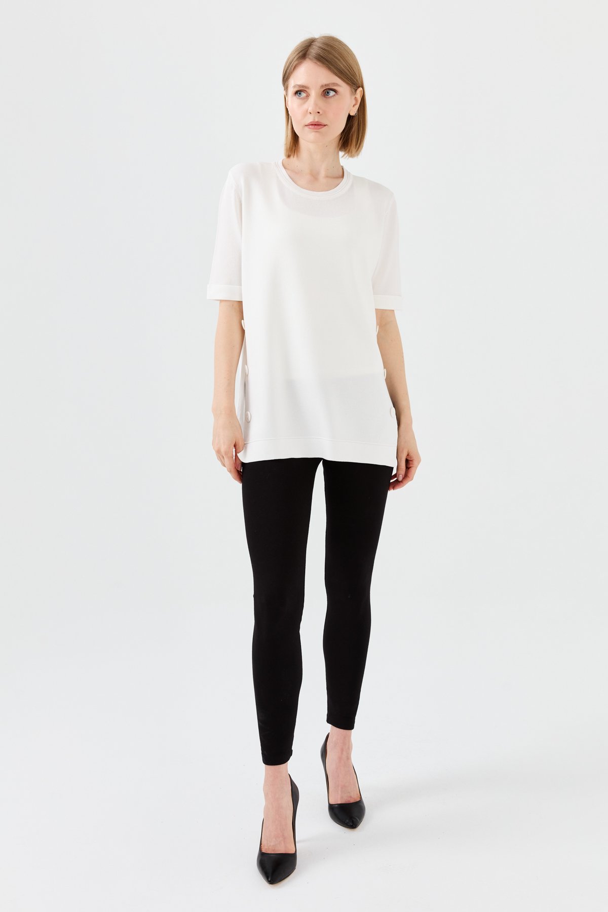 23354Kadın Sıfır Yaka Yazlık Triko Bluz Ekru