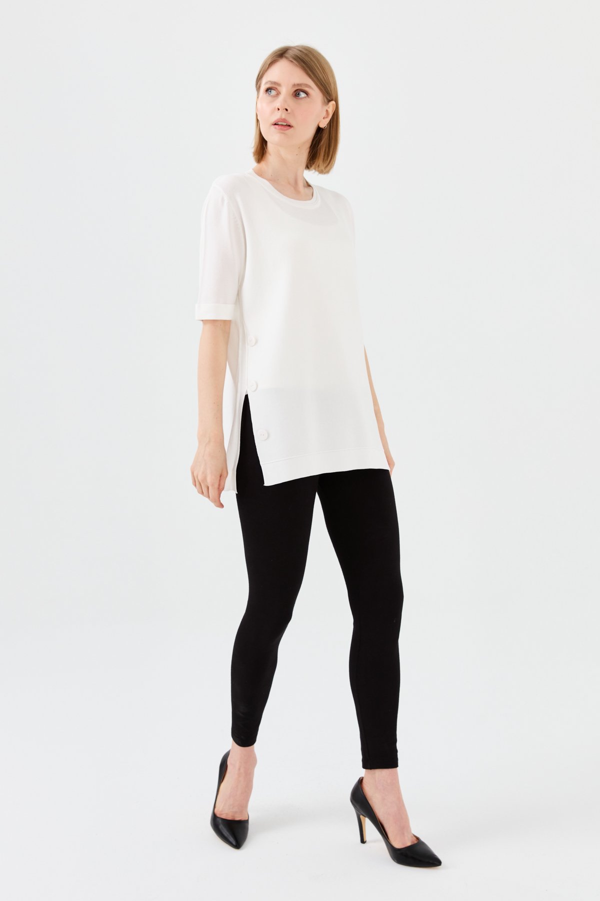 23354Kadın Sıfır Yaka Yazlık Triko Bluz Ekru