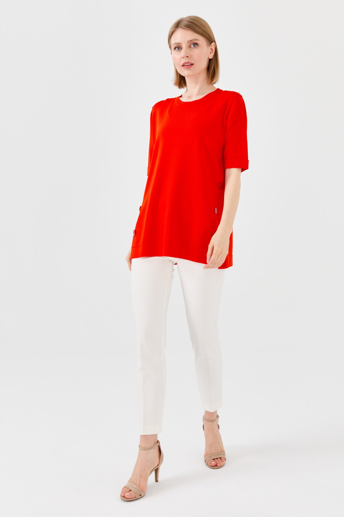 23354Kadın Sıfır Yaka Yazlık Triko Bluz Kırmızı