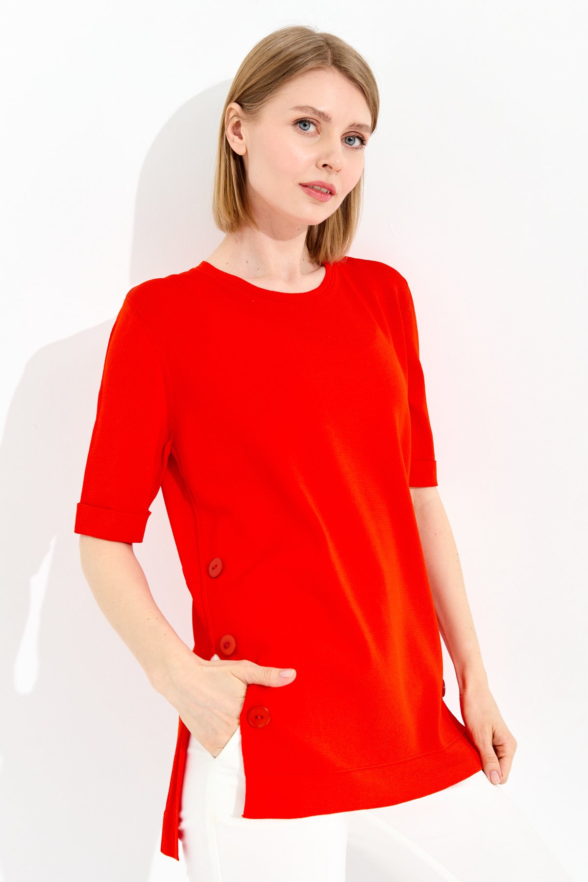 23354Kadın Sıfır Yaka Yazlık Triko Bluz Kırmızı