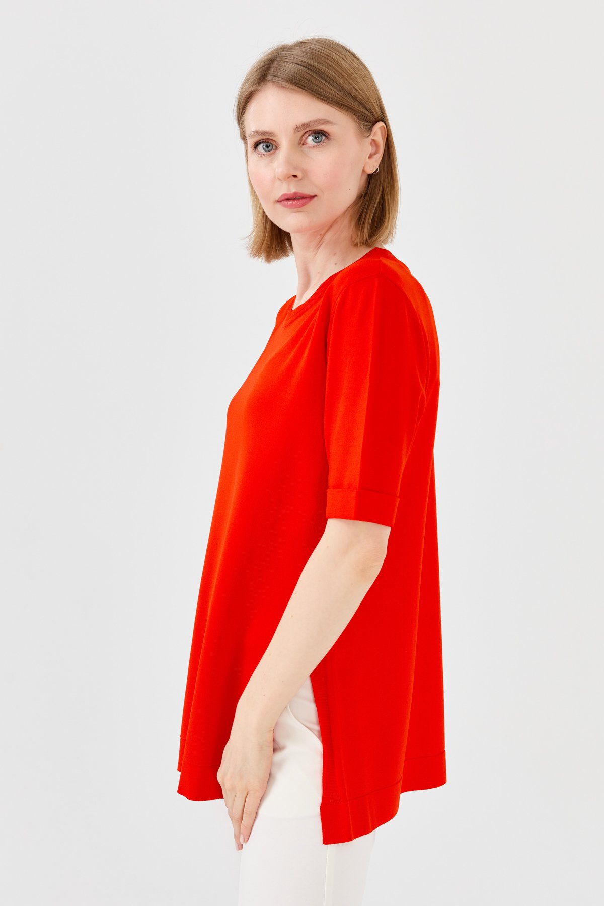 23354Kadın Sıfır Yaka Yazlık Triko Bluz Kırmızı